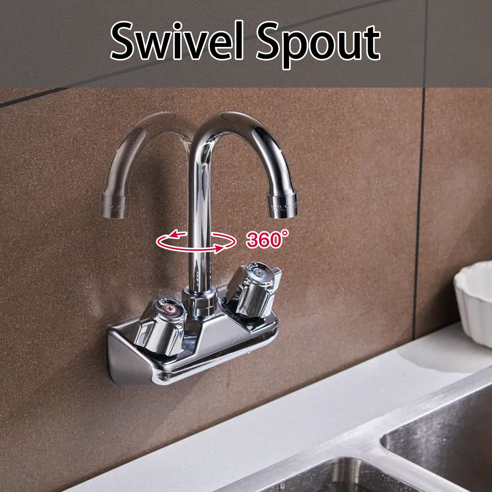 Bathfinesse Kitchen Sink Faucet Wall Mount 4" Center Commercial Kitchen Sink Faucet With 3-1/2" Gooseneck Spout Two Knob Handles Brass Constructed Mixer Tap Chrome Polished