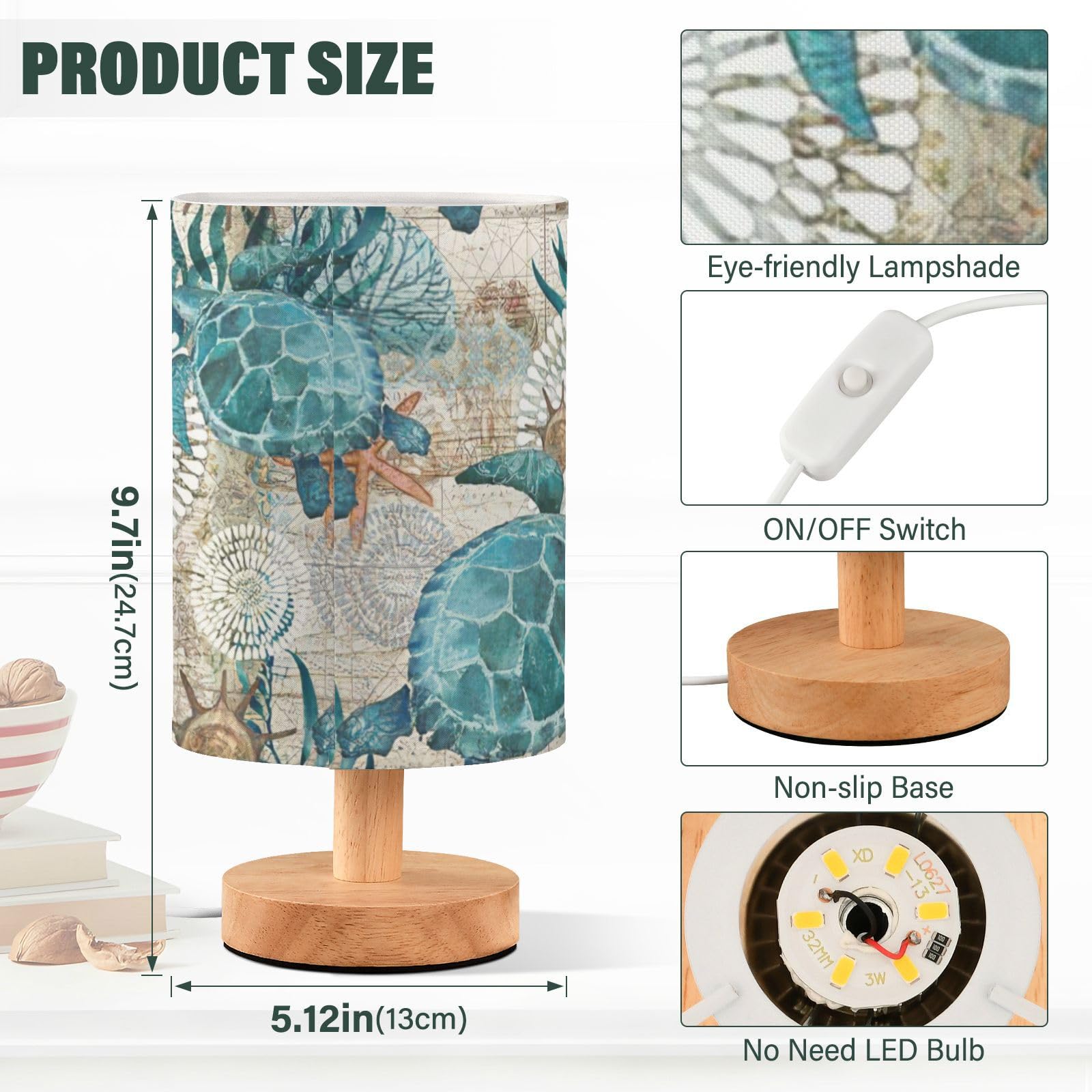 Litebear Small Table Lamp For Bedroom - Bedside Lamps For Nightstand, Sea Ocean Turtle Teal Round Fabric Shade, Desk Reading Lamp For Kids Room Living Room Office Dorm