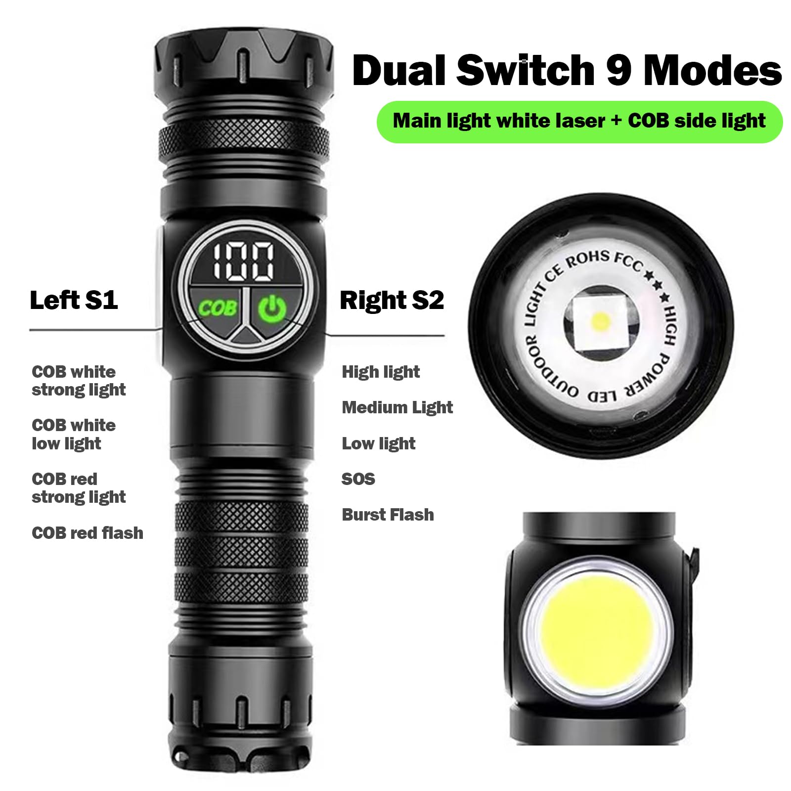 Windyupon Rechargeable Led Flashlights High Lumens, 990000 Lumens Tactical Flashlight With Cob Light, Zoomable Handheld Led Flash Light With 9 Modes, Magnet Led Flashlight For Camping Emergency