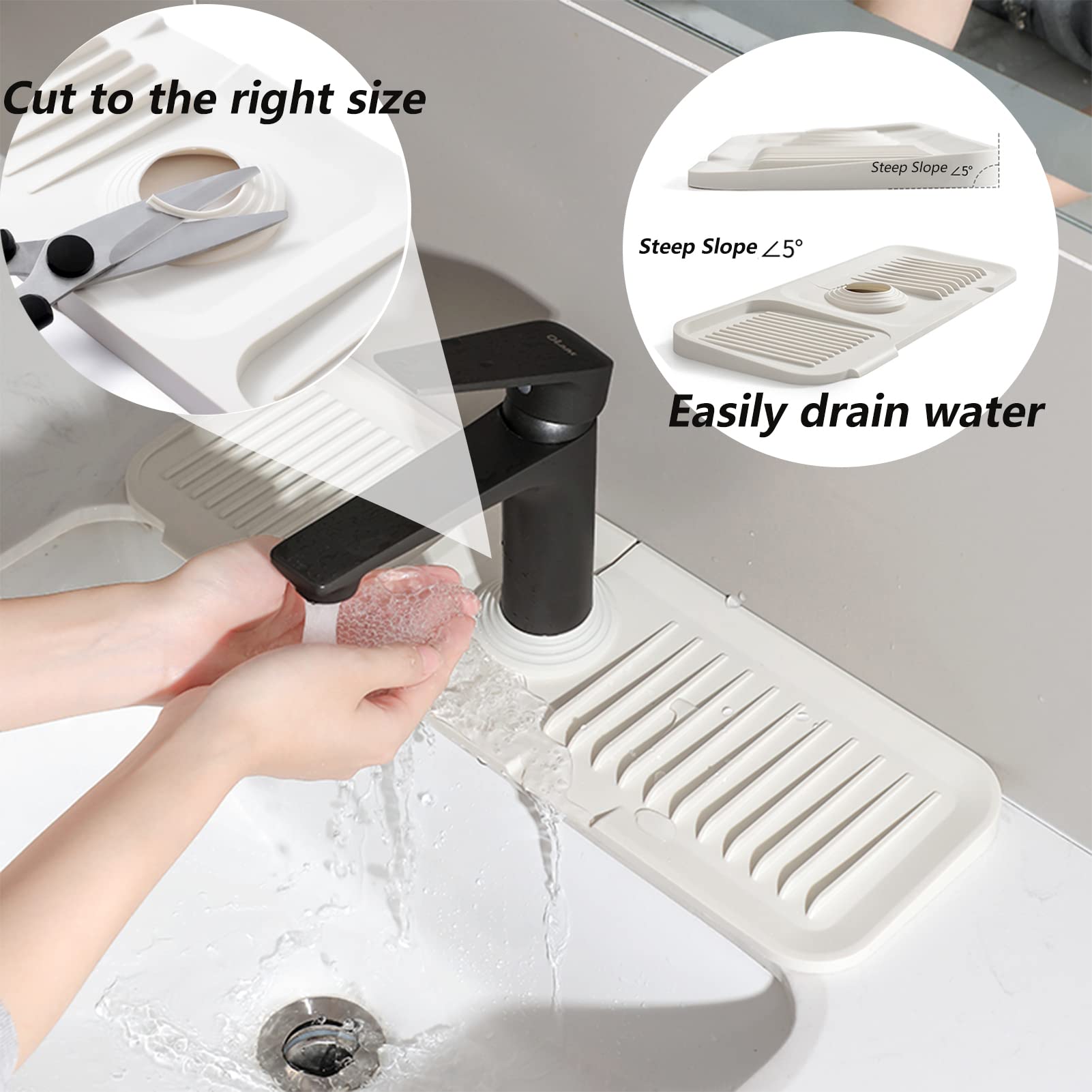 Moodkey Kitchen Sink Splash Guard Sponge Holder For Kitchen Sink Silicone Faucet Handle Drip Catcher Tray Sink Protector For Kitchen Sink Faucet Mat Fits The Faucet Tube Within 2.5"(Light Grey,17.7'')
