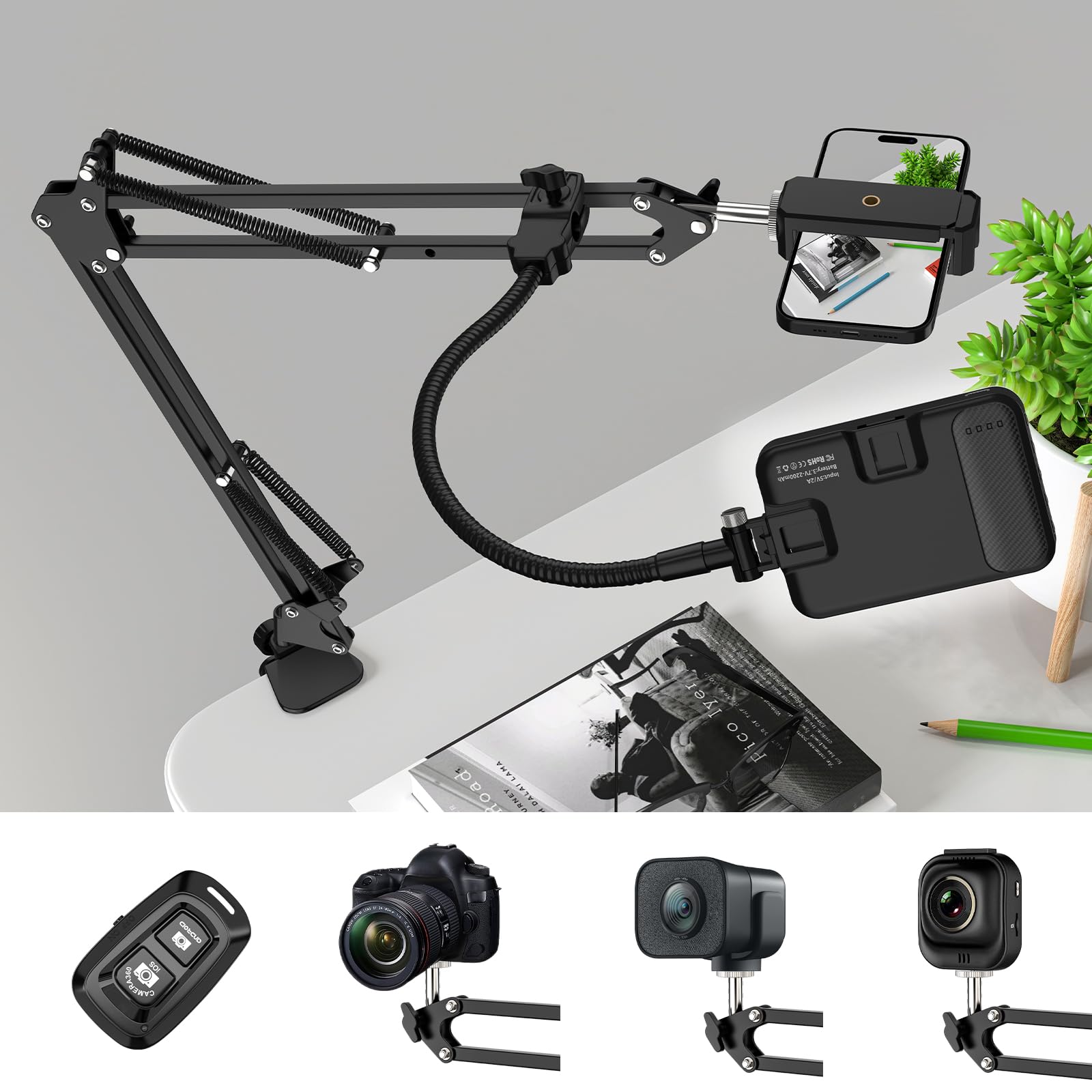 Gepege Overhead Phone Mount With 60 Led Portable Selfie Light And Phone Holder For Desk, Camera Mount Arm Stand With Remote, Overhead Stand For Video Recording, Live Streaming, Tiktok, Youtube And Cooking