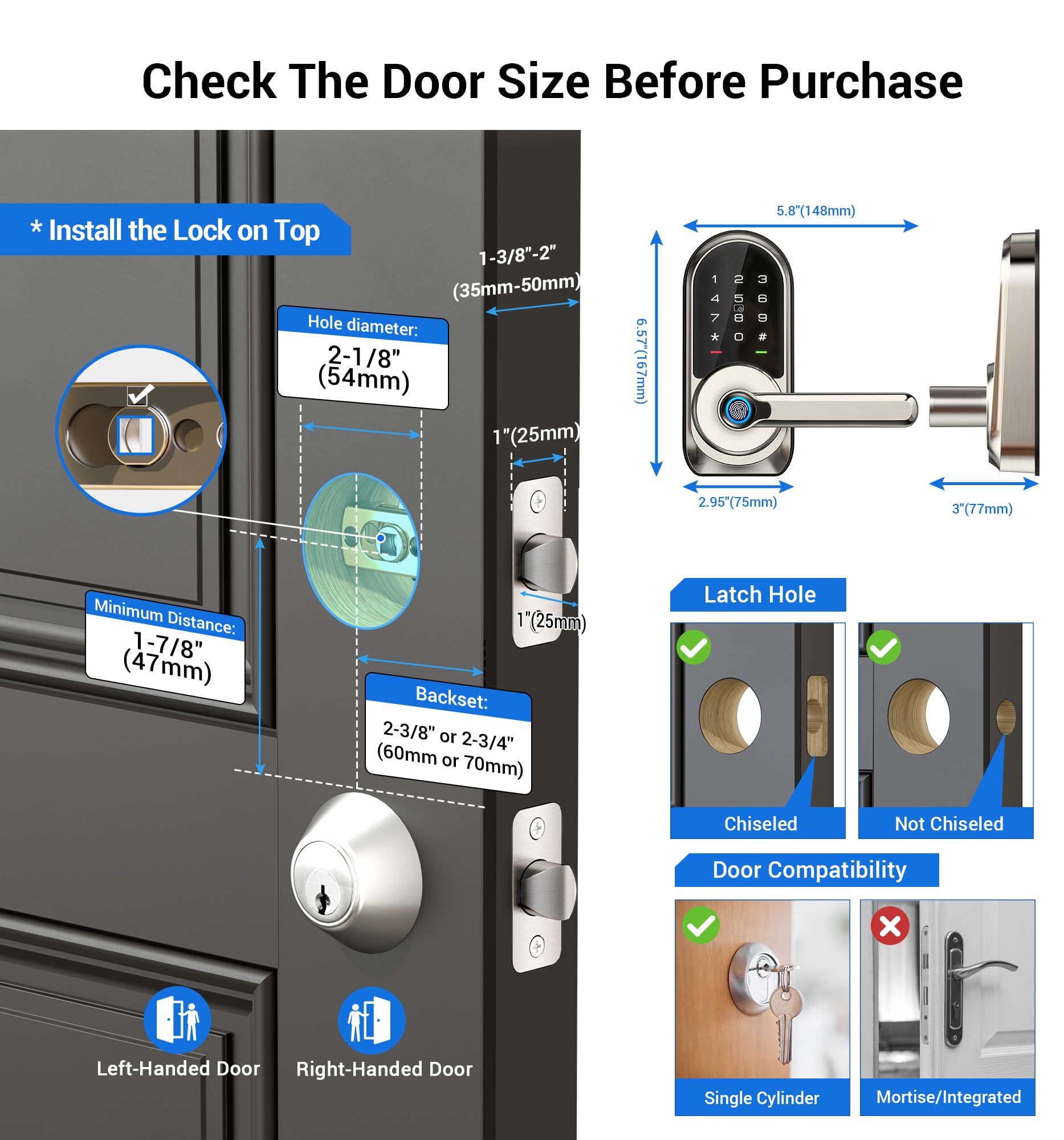 Veise Rz09 Smart Lock, 7-In-1 Keyless Entry With Handle Set, App Control Fingerprint Deadbolt For Front Door, Electronic Digital Locks With Keypad, Satin Nickel