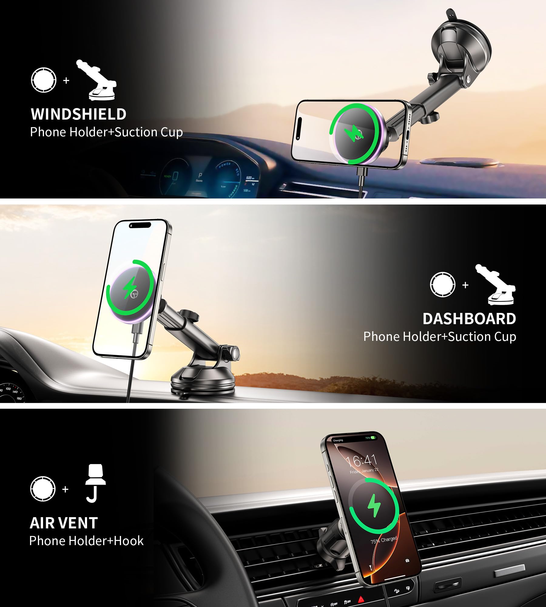 Gumosh For Magsafe Car Mount Charger Dash Vent Windshield Wireless Car Charger With Led Light, Strong Magnetic Phone Holder For Car For Iphone 16 15 14 13 12 Series, Fit Magsafe Accessories (Purple)