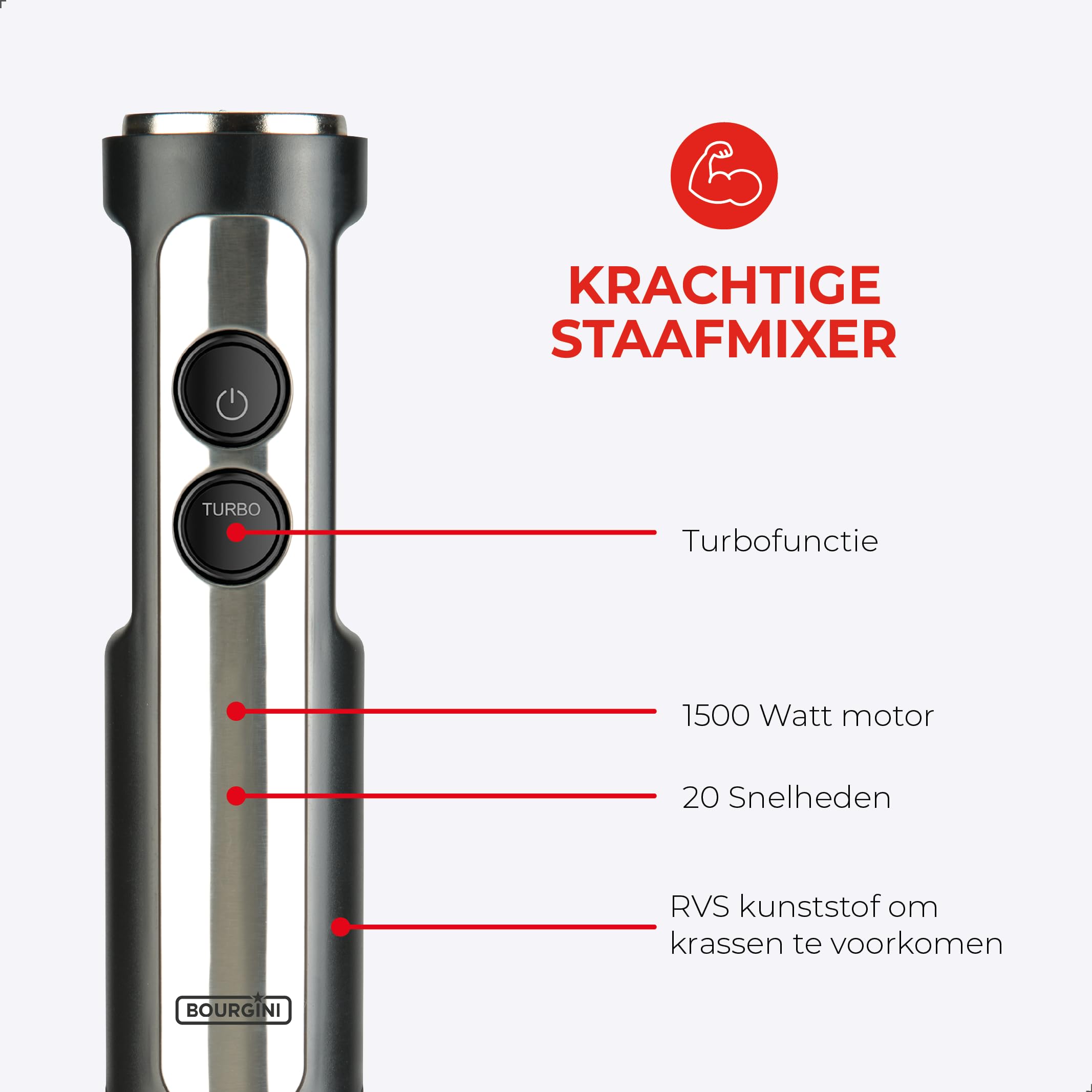 Bourgini Classic Extra Powerful Hand Blender With 20 Speeds And Turbo Mode Chopper 1200 W