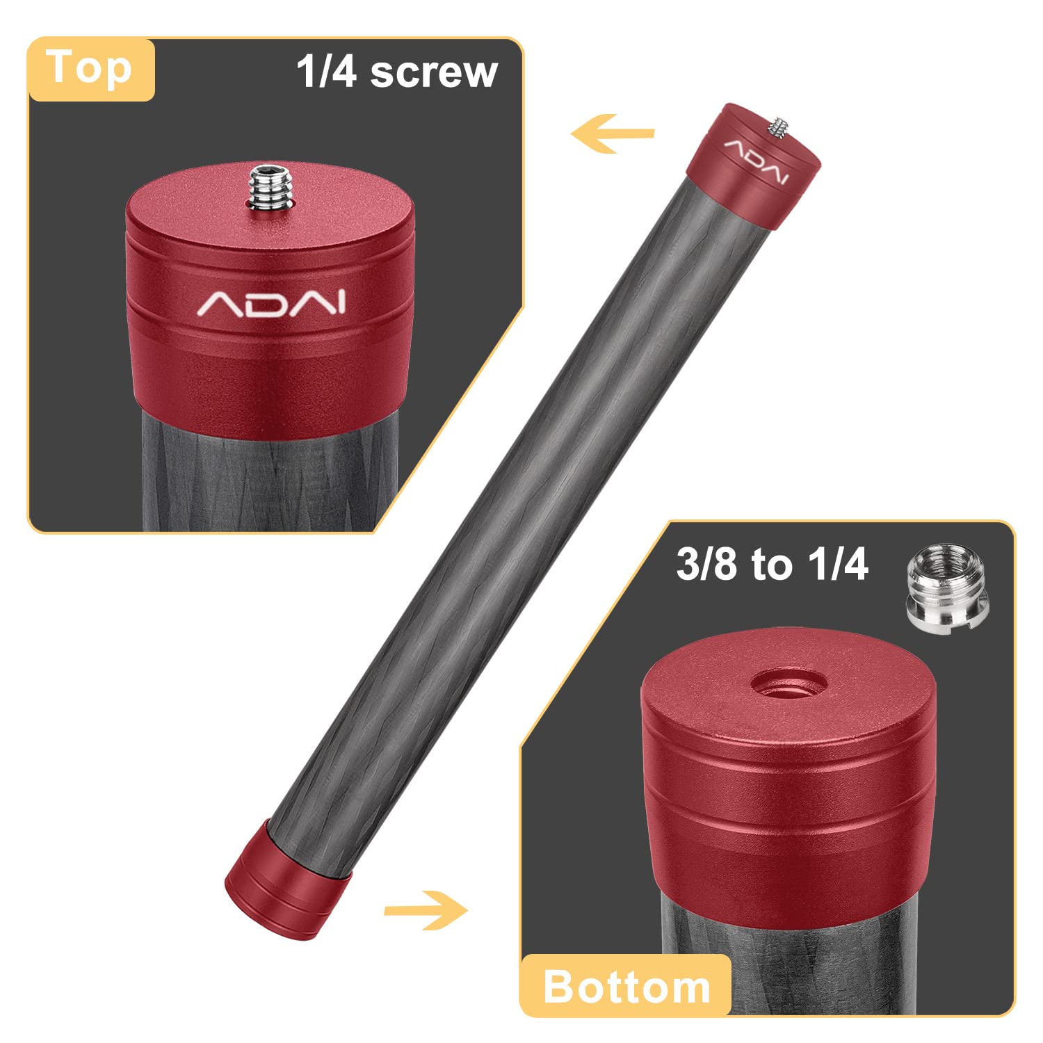 Adai Gimbal Extension Pole Carbon Fiber Bar 1/4" Tripod Thread Universal Rod Compatible With Dji Ronin S Stabilizer Contain Tripod (Red)