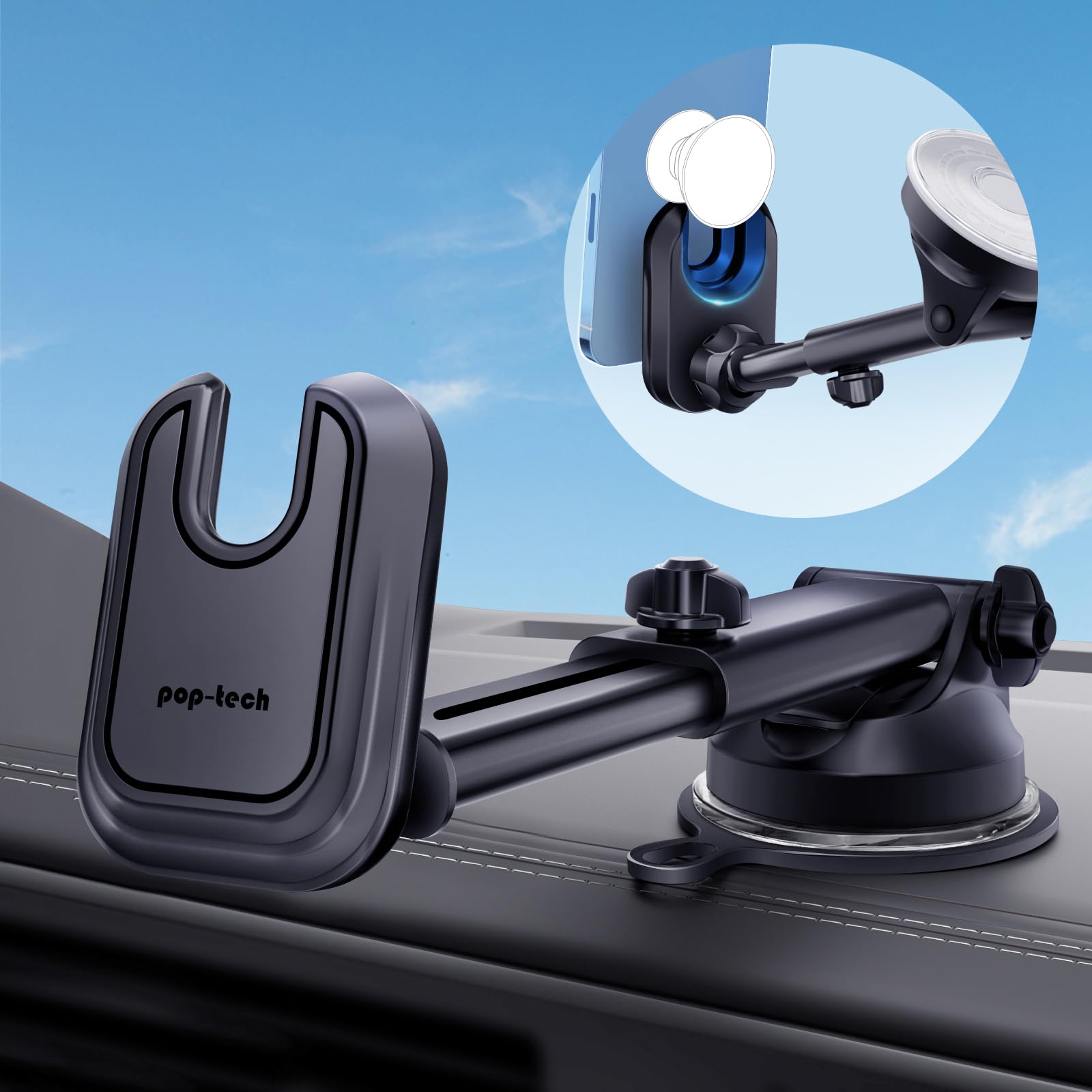 Pop-Tech Car Phone Mount For Pop Socket: Suction Cup Cell Phone Holders For Automobile Dashboard Windshield Window - Dash Mounted Cellphone Stand Black Fits Thick Socket Wallet Grip For Iphone Samsung