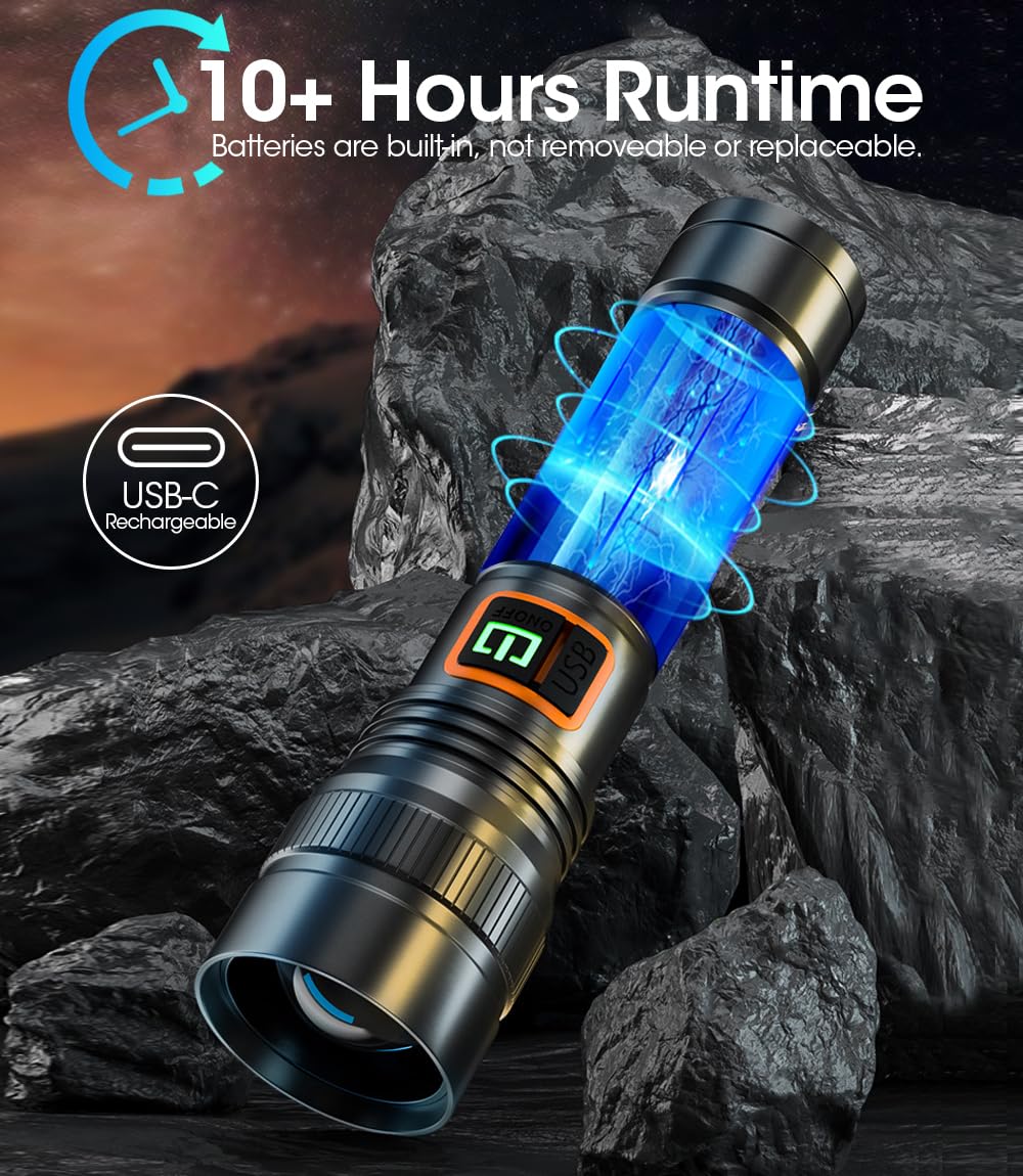 Annteneo Rechargeable Flashlights 10000 High Lumens, Super Bright Small Spotlight Led Flash Light Long Throw Pocket Utility Flashlight Zoomable Waterproof For Camping, Home, Walking Dog(Battery Included)