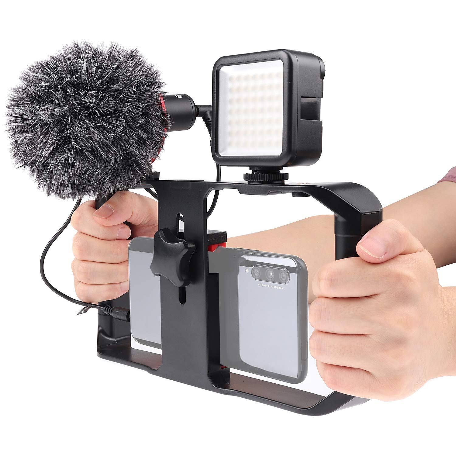 Focusfoto Pro U-Rig Smartphone Video Camera Cage Mount Holder Stabilizer Grip With  By-Mm1+ Microphone Mic+ 49 Led Light+ Mini Tripod Kit For Mobile Phone Iphone Filmmaking Videomaker
