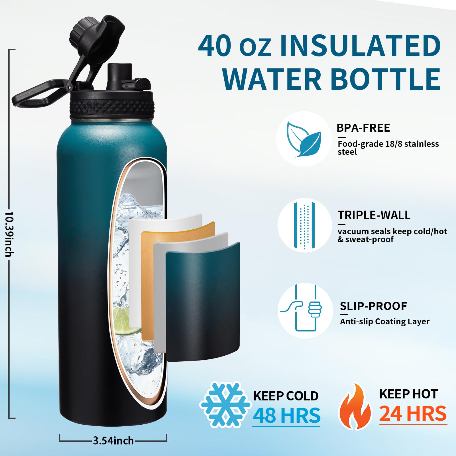 40/64/128Oz Vacuum Insulated Water Bottle - Cold For 48H, Combo Straw & Spout Lids