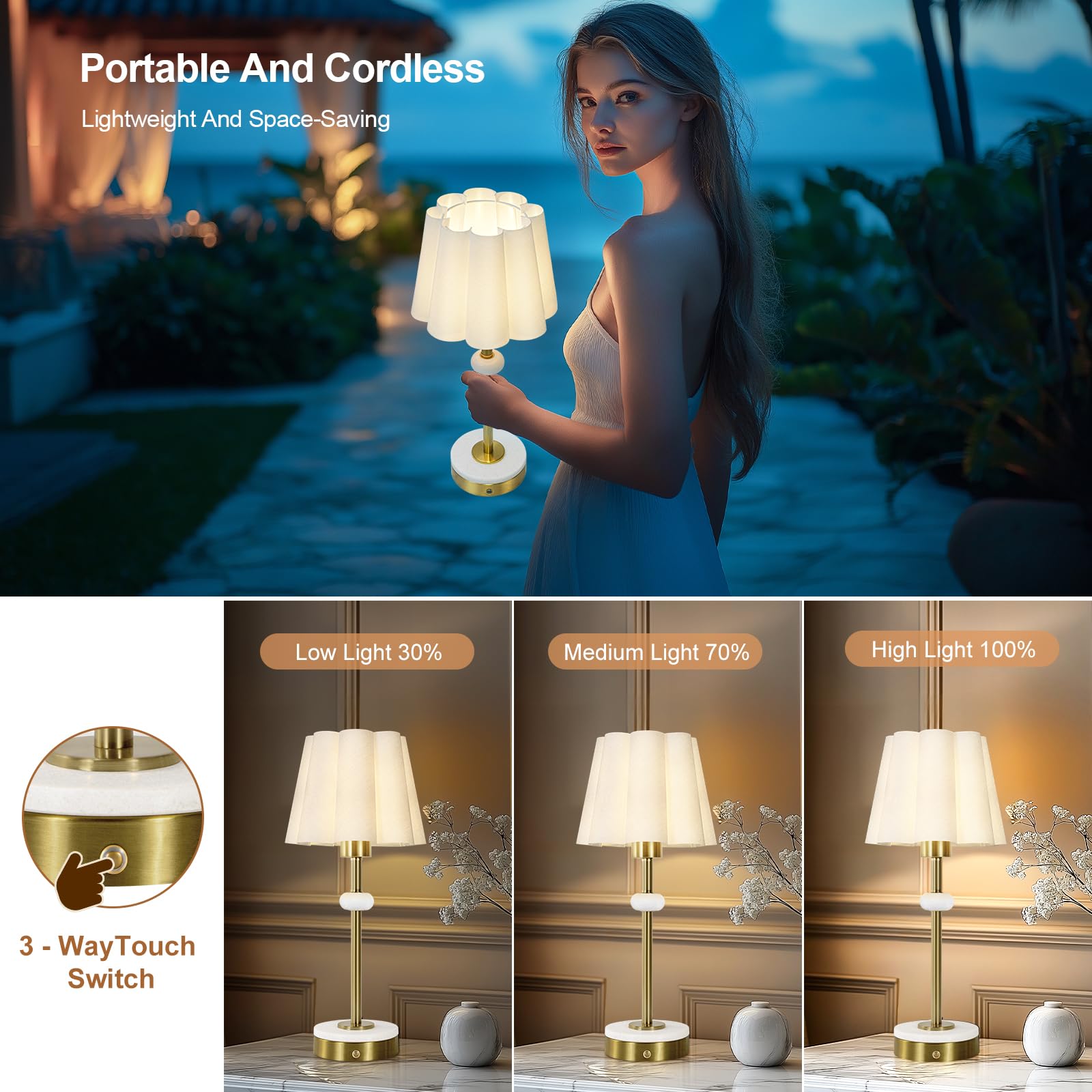 Kivditzo Portable Cordless Linen Shade Table Lamp With Touch Dimmer,4400Mah Rechargeable Battery Powered Lighting,3-Level Brightness,Marble Table Lamp,Bedside Night Lamp,Rechargeable Lamp(Bulb Included)
