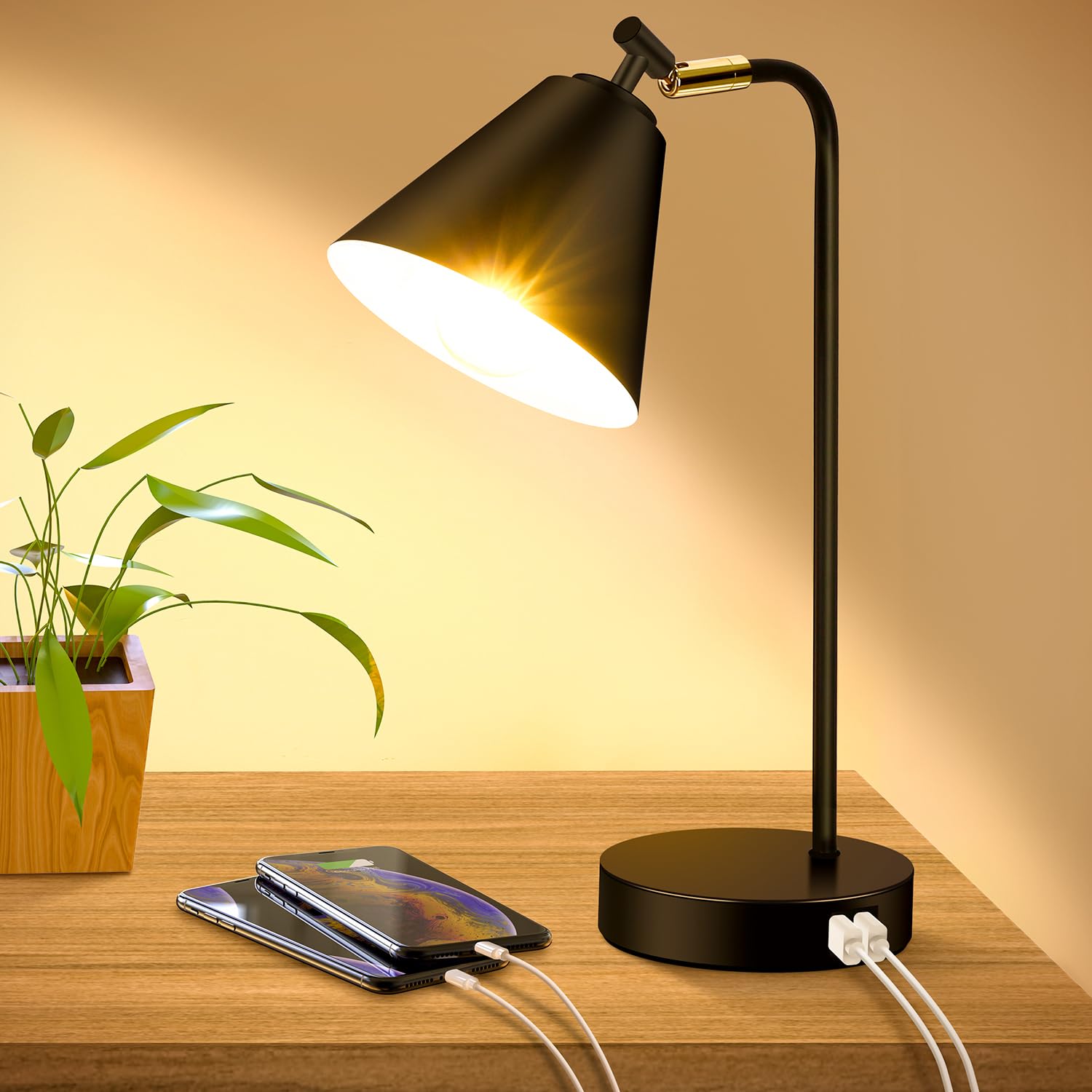 Brightever Industrial Dimmable Desk Lamp With 2 Usb Charging Ports Ac Outlet, Touch Control Bedside Nightstand Reading Lamp Flexible Head, Black Metal Table Lamp For Bedroom Office Living Room, Bulb Included