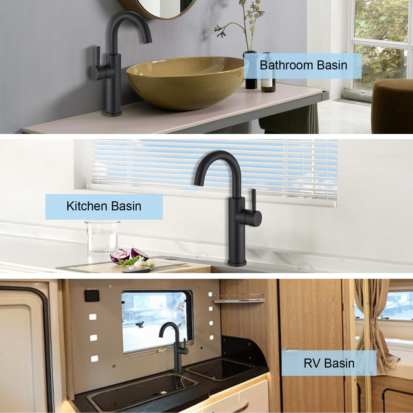 Bwe Matte Black Bathroom Bar Faucet High Arc Vessel Sink Faucet With 360° Swivel Spout Single Hole Commercial Faucet For Bathroom Or Mini Kitchen Sink Stainless Steel Modern Wet Bar Faucets
