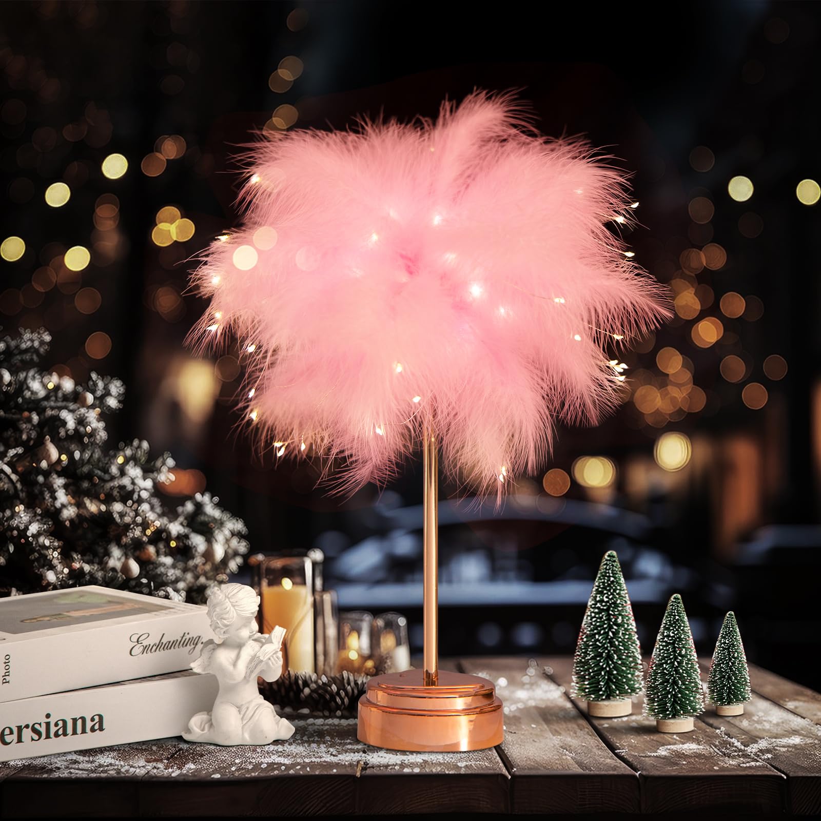 Bdusxyz Pink Feather Lamp - Led Atmosphere Feather Night Lights Bedside Lamps For Mother, Girlfriend Home Girl Room Wedding Decoration