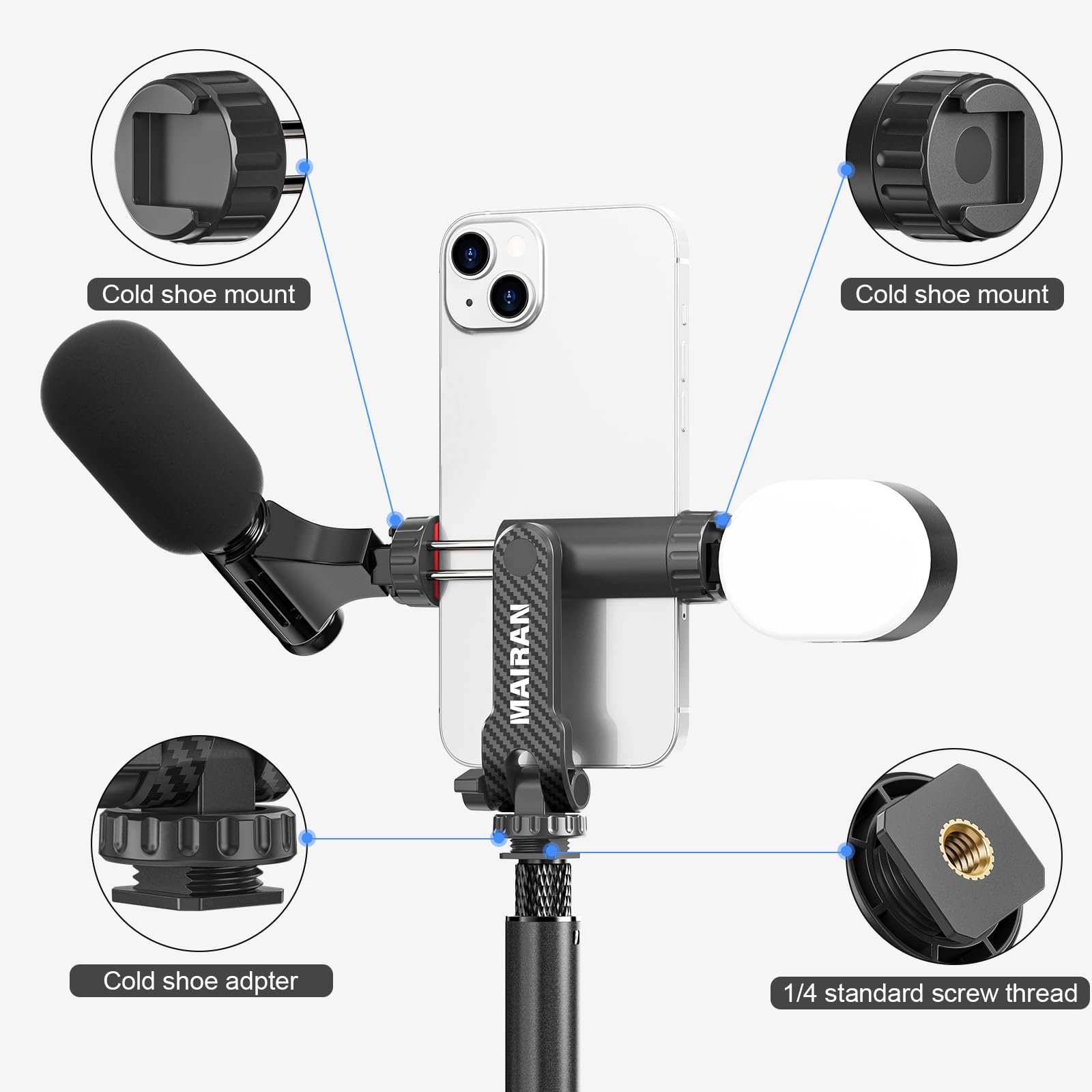 Mairan Phone Tripod Mount,Universal Smartphone Holder Adapter With Dual Cold Shoe Mounts, 1/4" Standard Screw 360° Rotation Adjustable Clip For Iphone, Android Cell Phone, Selfie Stick, Camera Stand
