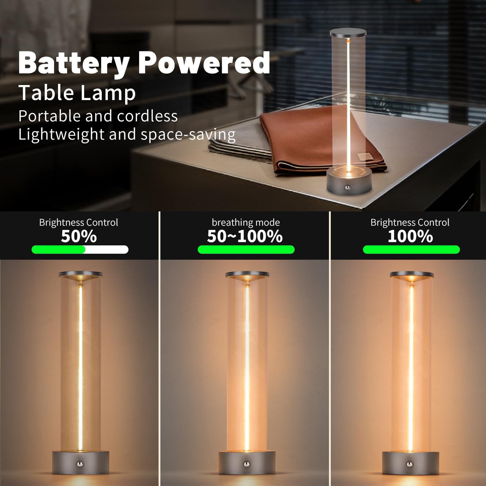 Hapygi Mini Minimalist Tabe Lamp With Breathing Effect, Cordless Led Desk Lamp Rechargeable Modern Night Lights Portable Lamp For Gaming, Home Office, Bedroom, Living Room, Kitchen, Bar, Restaurant (Grey)