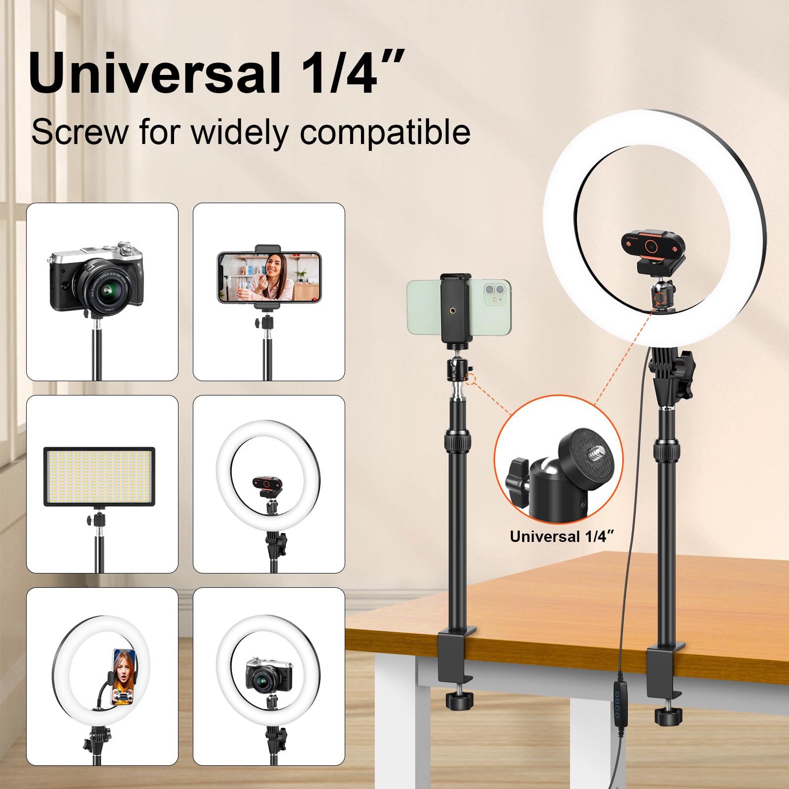 Evershop Ring Light For Computer Video Conferencing/Zoom Meeting/Studio-12 '' Desk Ring Light With Mount Stand,Stream Light With 13.5-22.7 In Adjustable Clamp Stand & Phone Holder For Webcam/Camera
