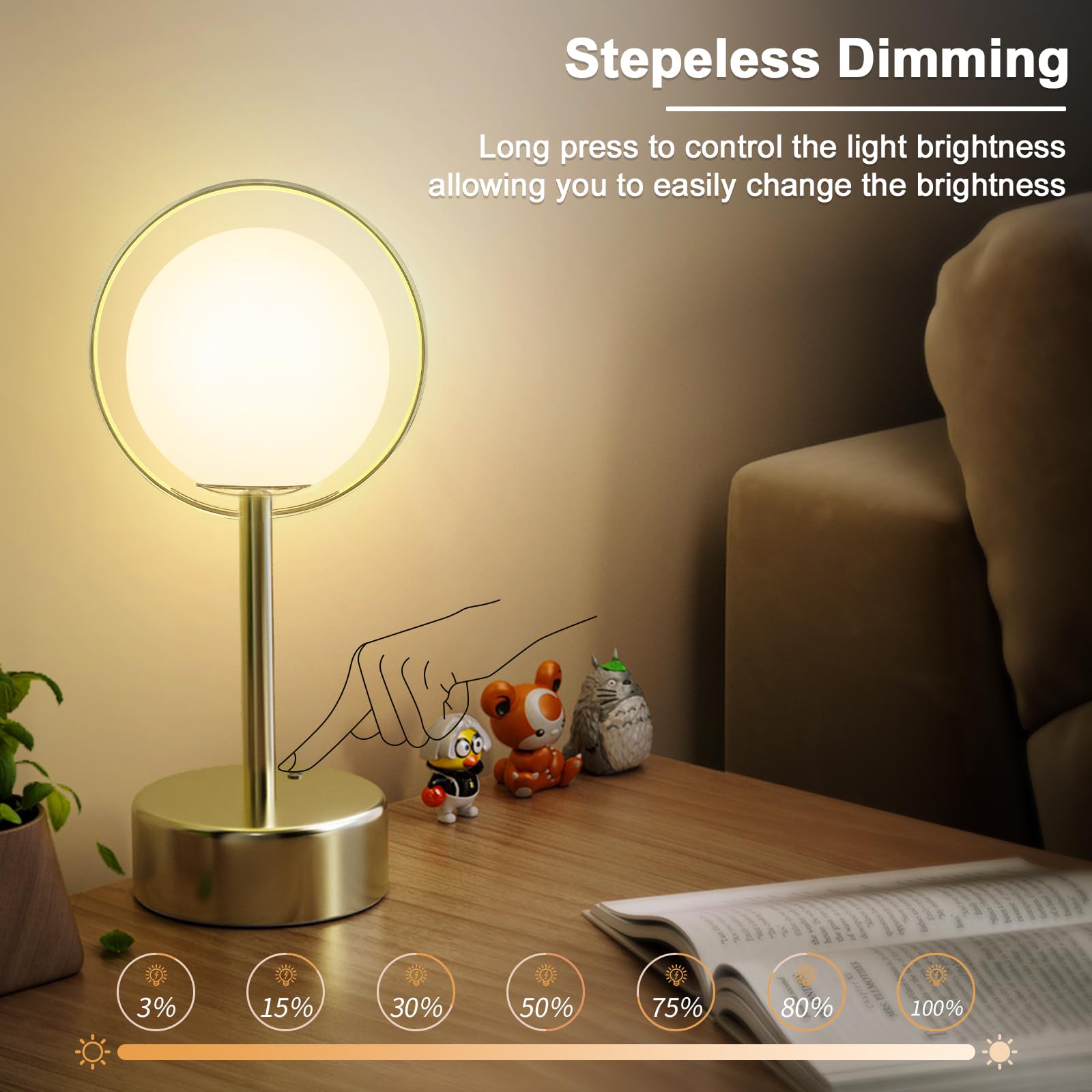 Fuzzbopn Table Lamp-1 Pack 5000 Mah Battery Operated Lamp, Dimming Touch Control Gold Lamp With 3 Color Temperature, Rechargeable Table Lamp For Living Room, Outdoor/Indoor, Bedroom, Restaurant
