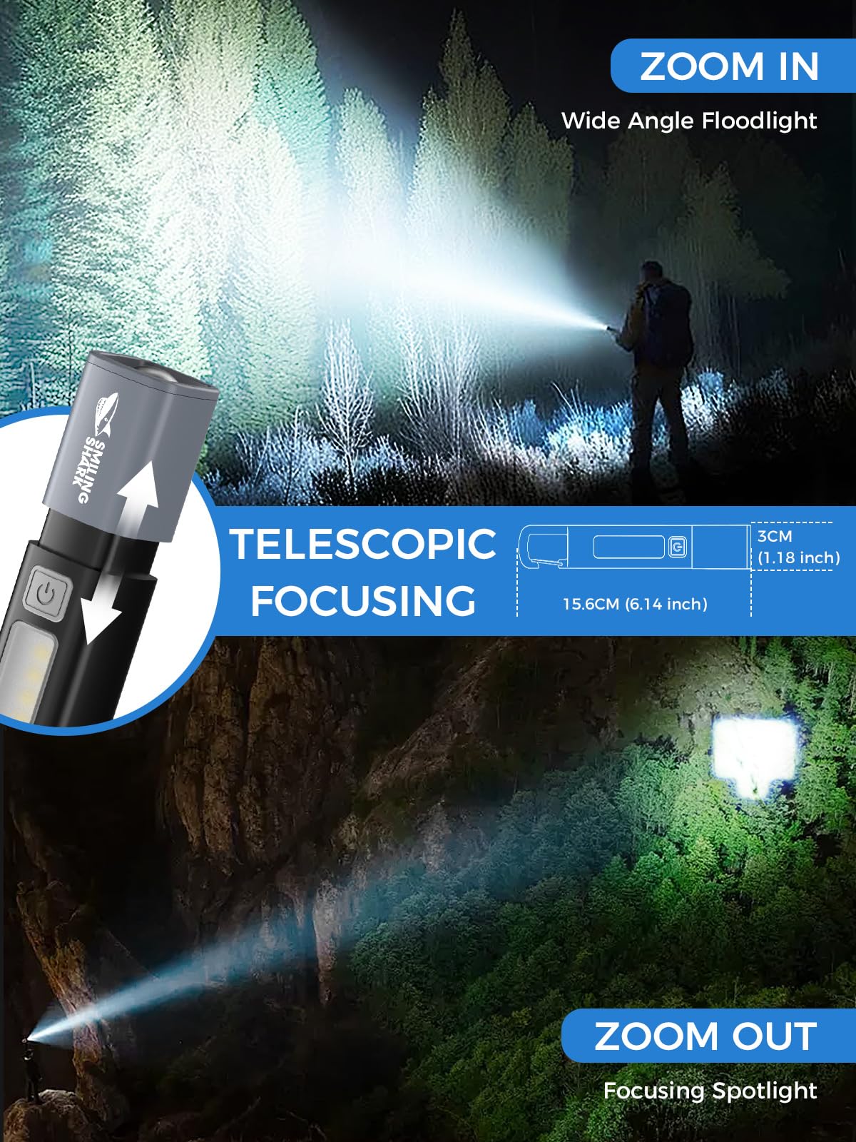 Smiling Shark Flashlight,2 Pack Recargeable Flashlights Led With 3 Modes & Hook And Zoomable & Waterproof 2-In-1 Flash Light And Side Light For Camping/Home/Emergency,G1 (Black)