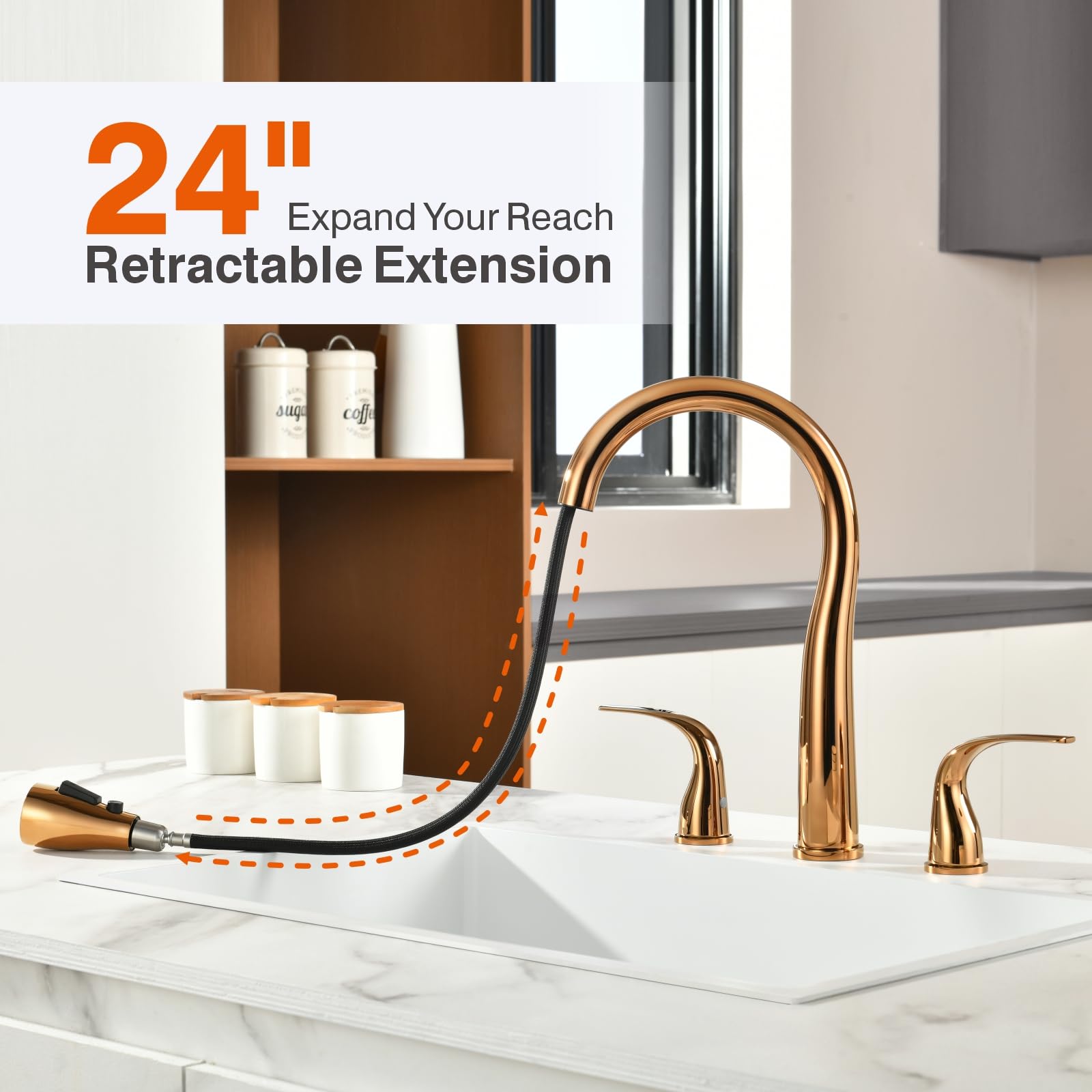 Rulia Kitchen Faucet, 2 Handles Kitchen Sink Faucet, 3 Holes Sink Faucet, Pull Down Kitchen Faucets, Bar Kitchen Faucet, Copper Rose Gold, Stainless Steel, Rb1072