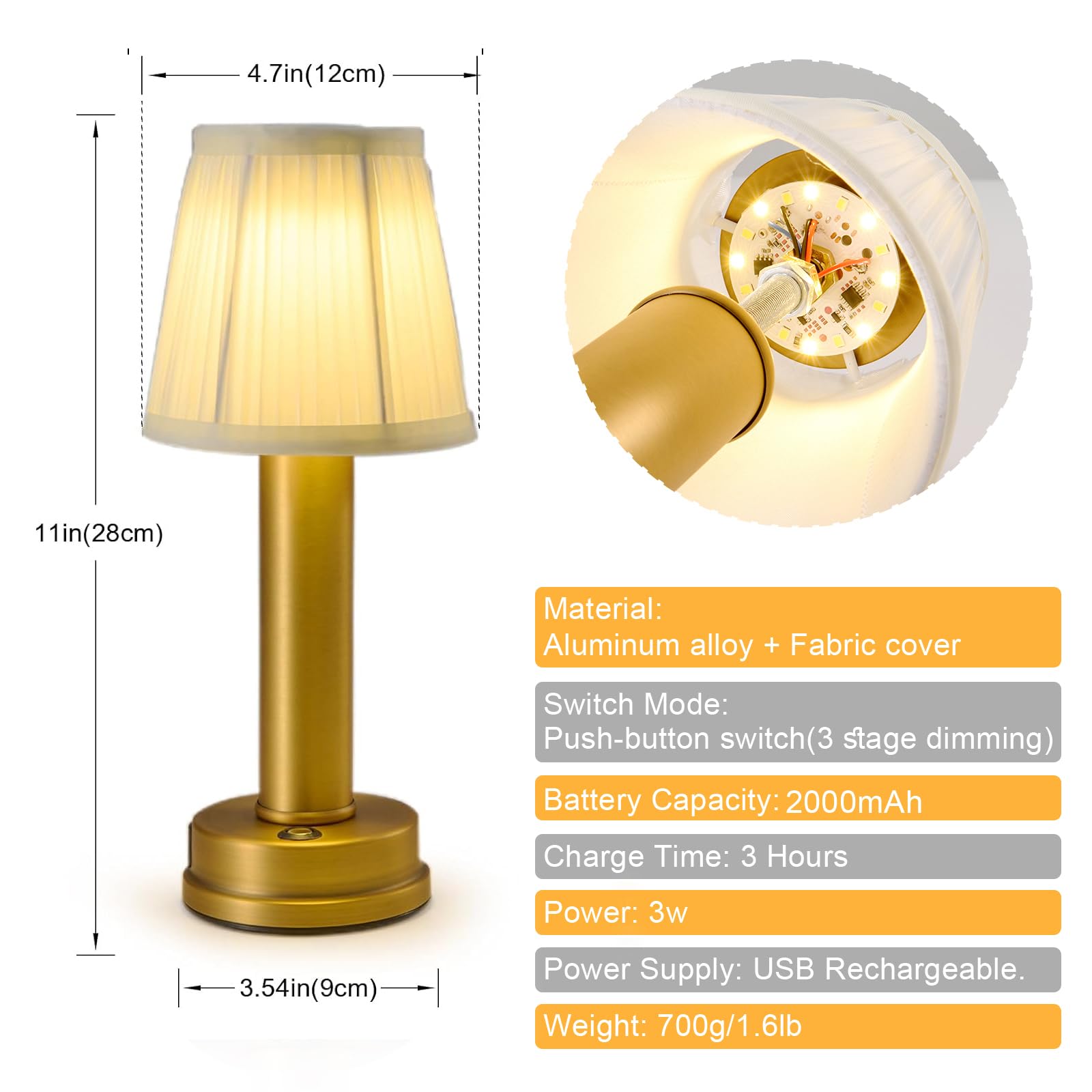Eypid 2000Mah Battery Operated Table Lamps 3W Led Table Lamp Dimmable Portable Table Lamp 3 Level Brightness Cordless Table Lamps For Living Room,Bedside,Bedroom,Restaurant,Bar(Gold)