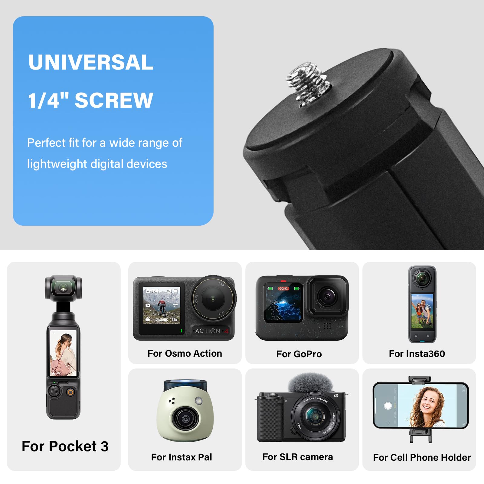 Tyuandouer Pocket 3 Mini Tripod For Dji Osmo Pocket 3 2 1, Compact Foldable Tripod For Dji Om 4/Action 3 4/Gopro Hero 12 11/For Insta360 X4/For Instax Mini Pal With 1/4 Inch Screw Vlog Tripod - Black