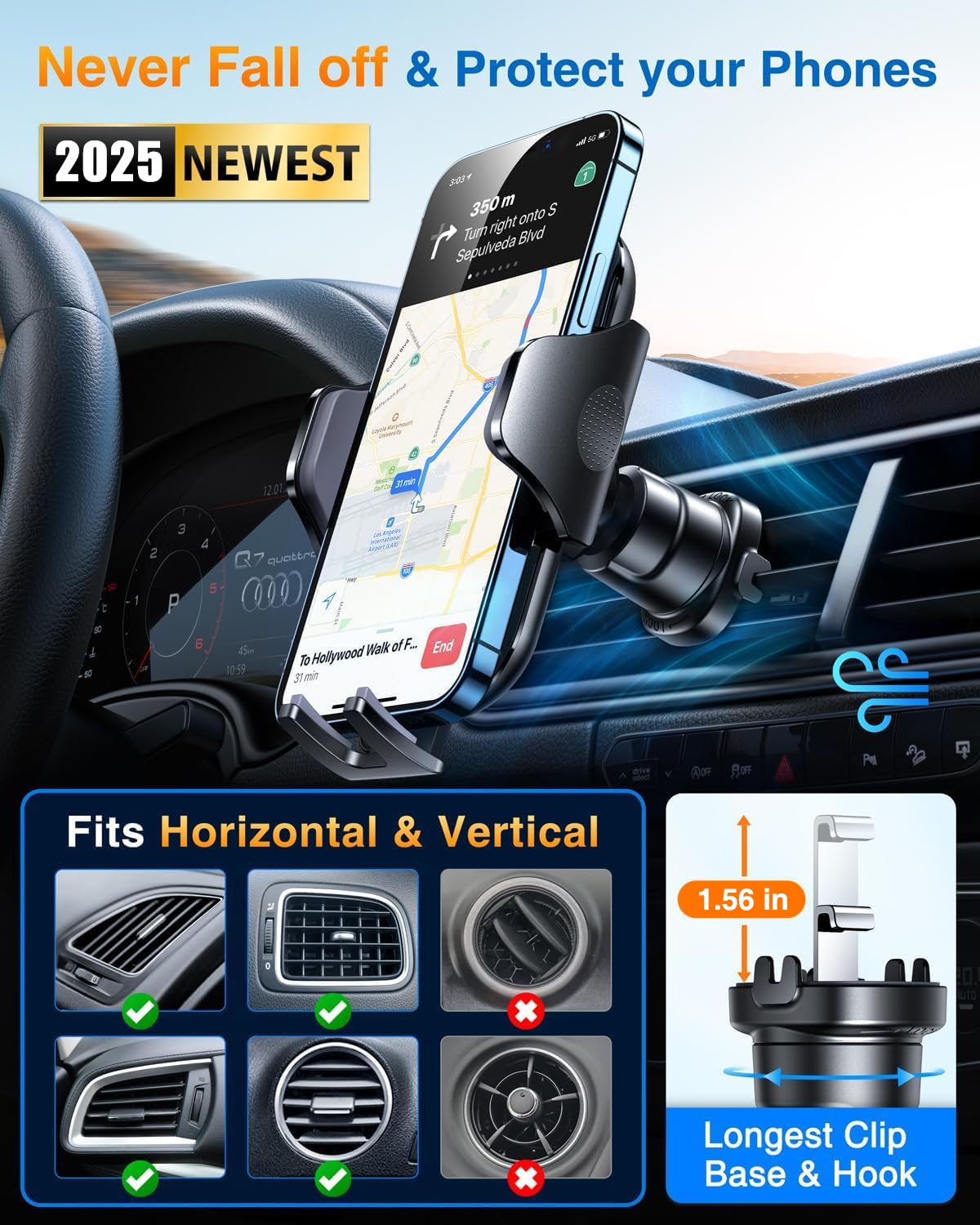 Vanmass Car Phone Holder Mount   [Patent Steel-Hook] Car Vent Phone Mount Clip Military-Grade Shockproof Cell Phone Car Mount Hands Truck Stand Vent Cradle For Iphone 16 Android,Black