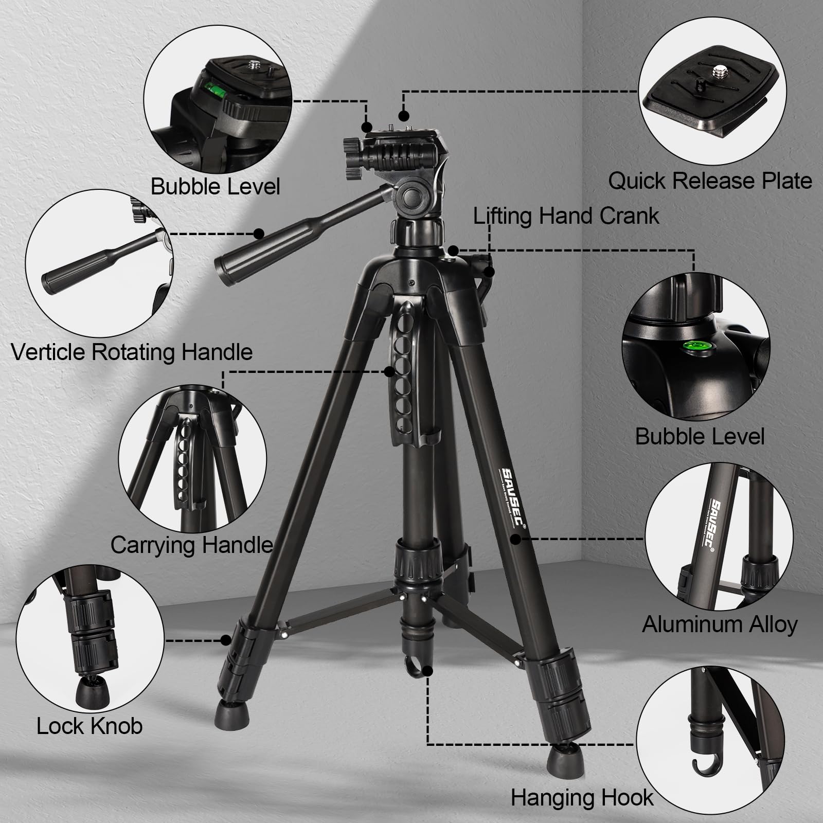 Savsec Laser Level Tripod 47" Adjustable, Tripod Stand Extendable Height With 2 Bubble, Release Plate With 1/4"-20 Screw Mount, Multi-Function Hook, Non-Slip Feet