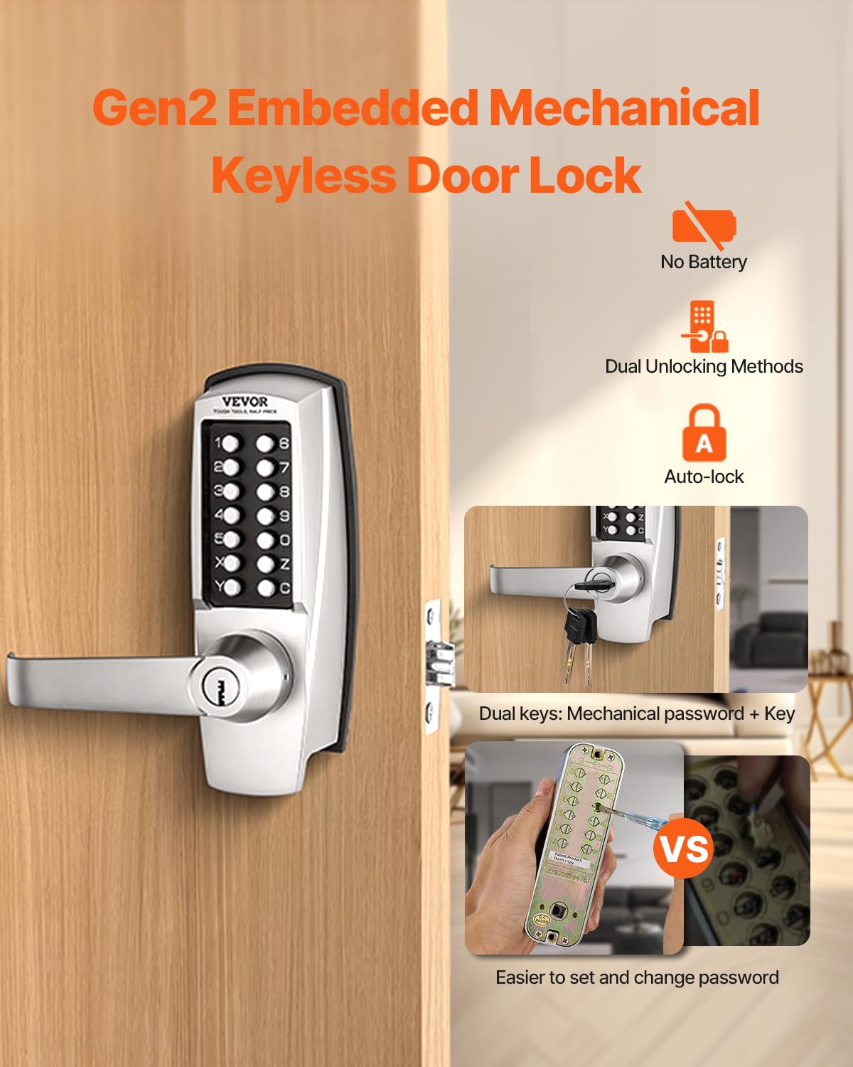 Vevor Mechanical Keyless Entry Door Lock, 14 Key Mechanical Door Lock With Keys, Mechanical Keypad Door Lock With Handle, Stainless Steel Waterproof Keyless Gate Lock, For Home Office Outdoor Garage