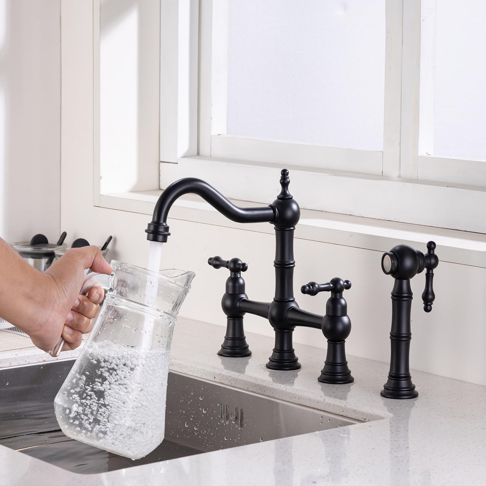 Ekrte Black Bridge Kitchen Faucet With Side Sprayer,2-Handle Bridge Faucet For Kitchen Sink, Matte Black Cassical Kitchen Faucet,Pull Out Centerset Bridge Sink Faucet