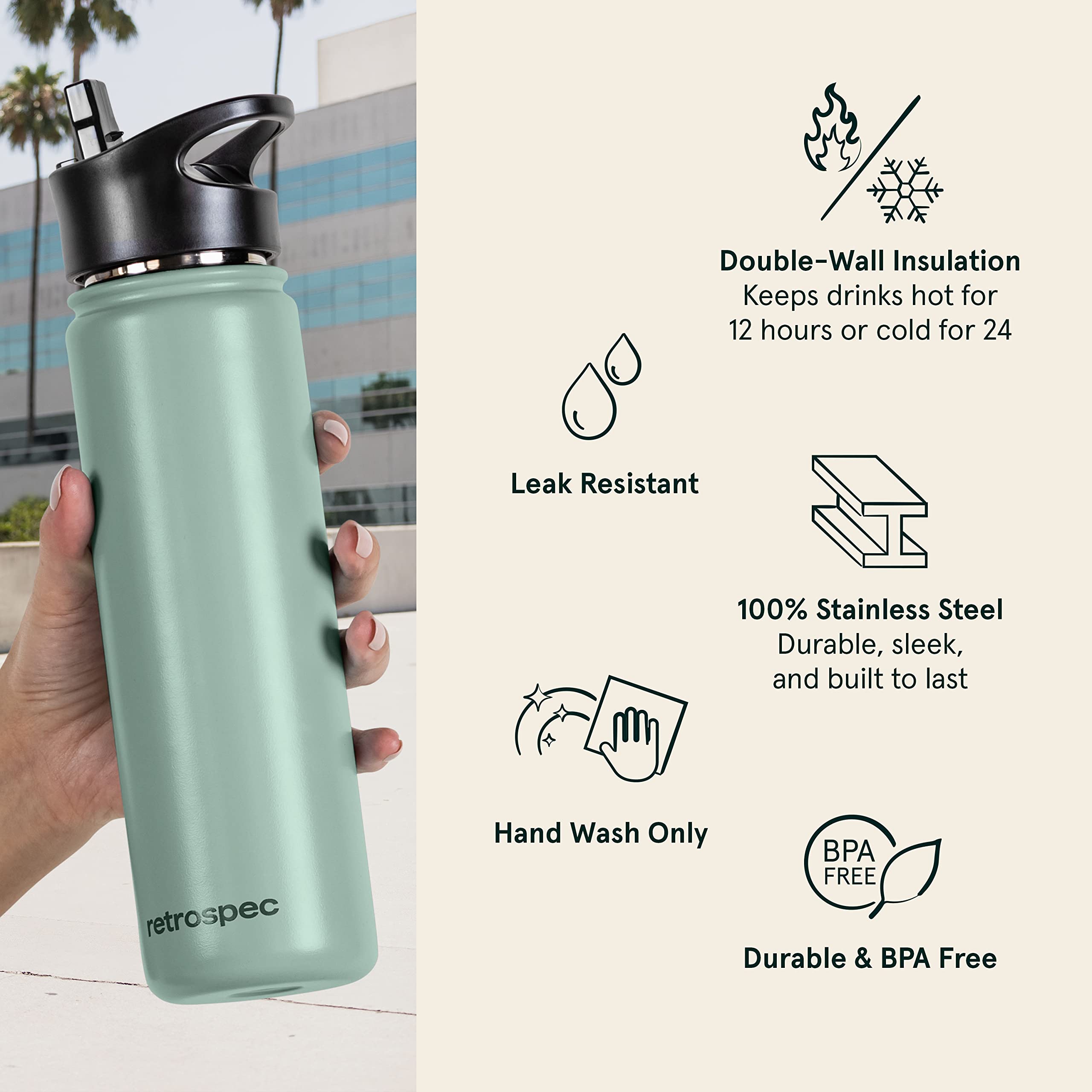 Retrospec Alder Insulated Water Bottle With Straw Lid & Handle Cap - Stainless Steel Wide