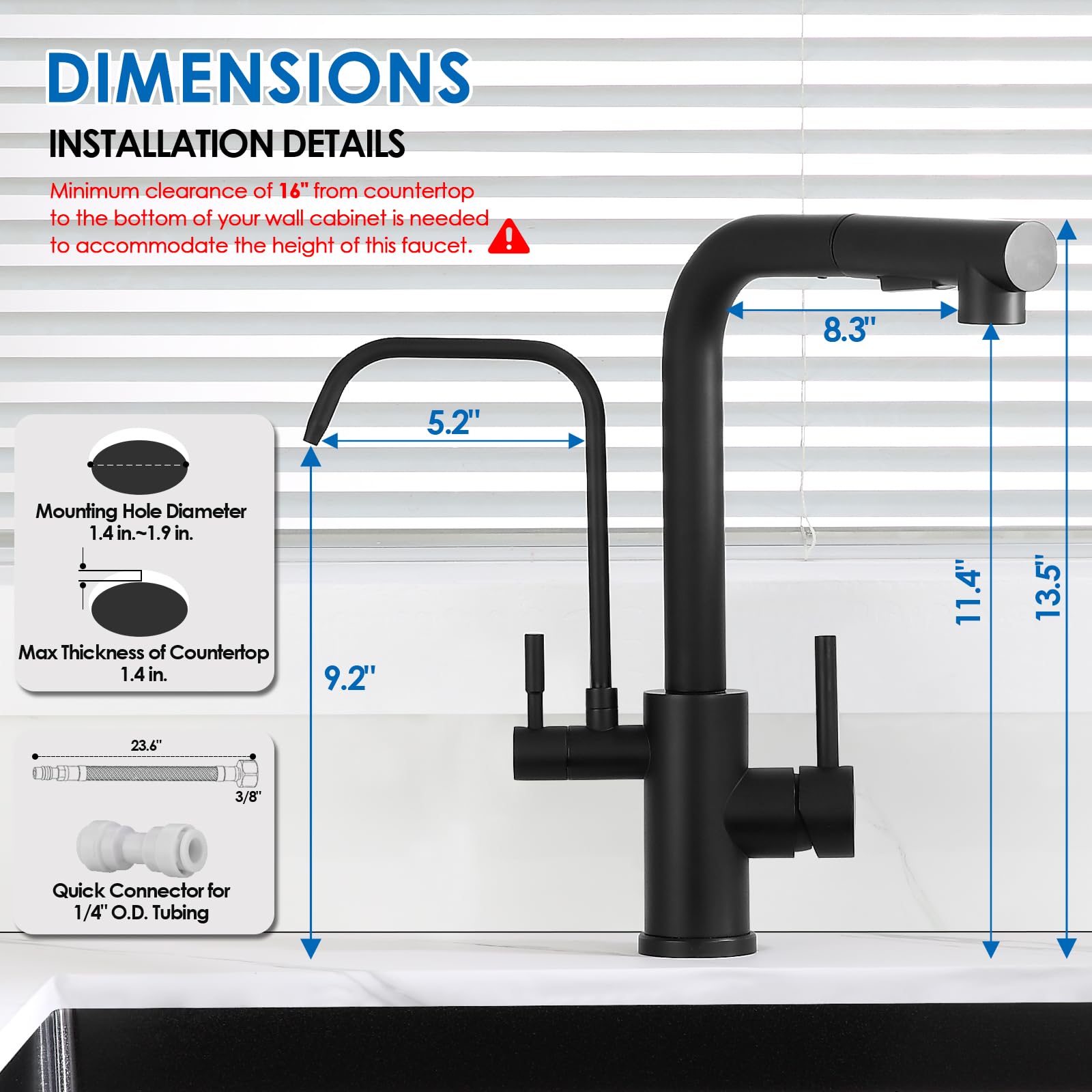 Rovogo Kitchen Faucet With Filtered Drinking Water Spout And Pull Out Sprayer, Dual Handle Single Hole, Stainless Steel, Black
