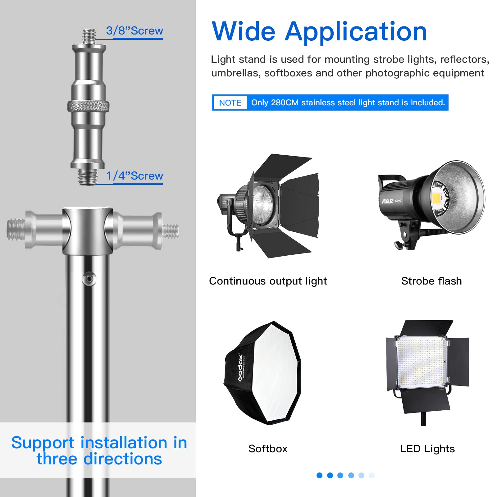 Supon Stainless Steel Light Stand 110" /2.8M, Spring Cushioned Heavy Duty Tripod Stand With 1/4-Inch To 3/8-Inch Universal Adapter For Studio Monolight Softbox Reflector Photography Portrait Video