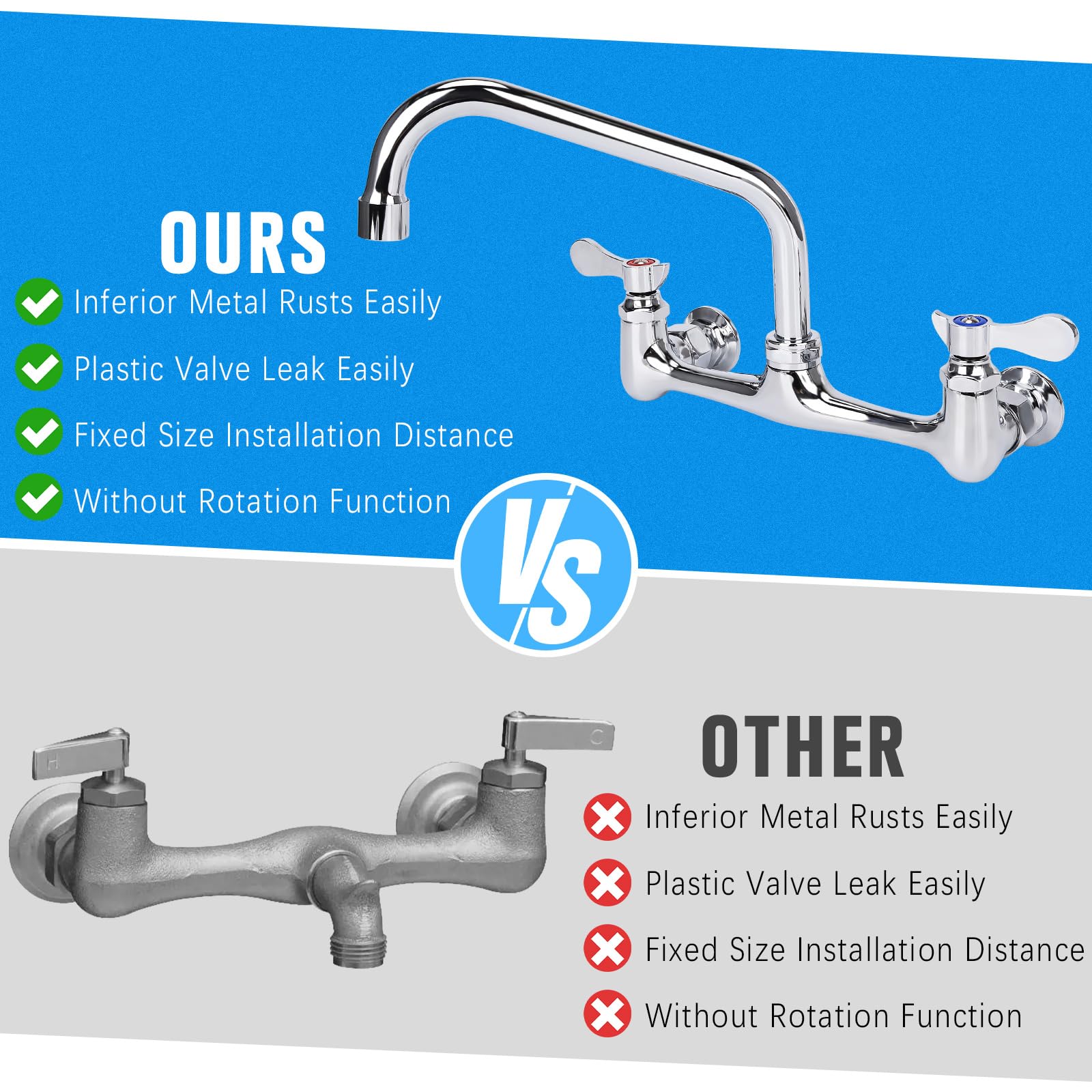 Bietor Wall Mount Kitchen Faucet 8" Center Commercial Sink Faucet With 8” Swivel Spout Dual Handles Brass Utility Sink Faucet For Laundry Room Restaurant Polish Chrome