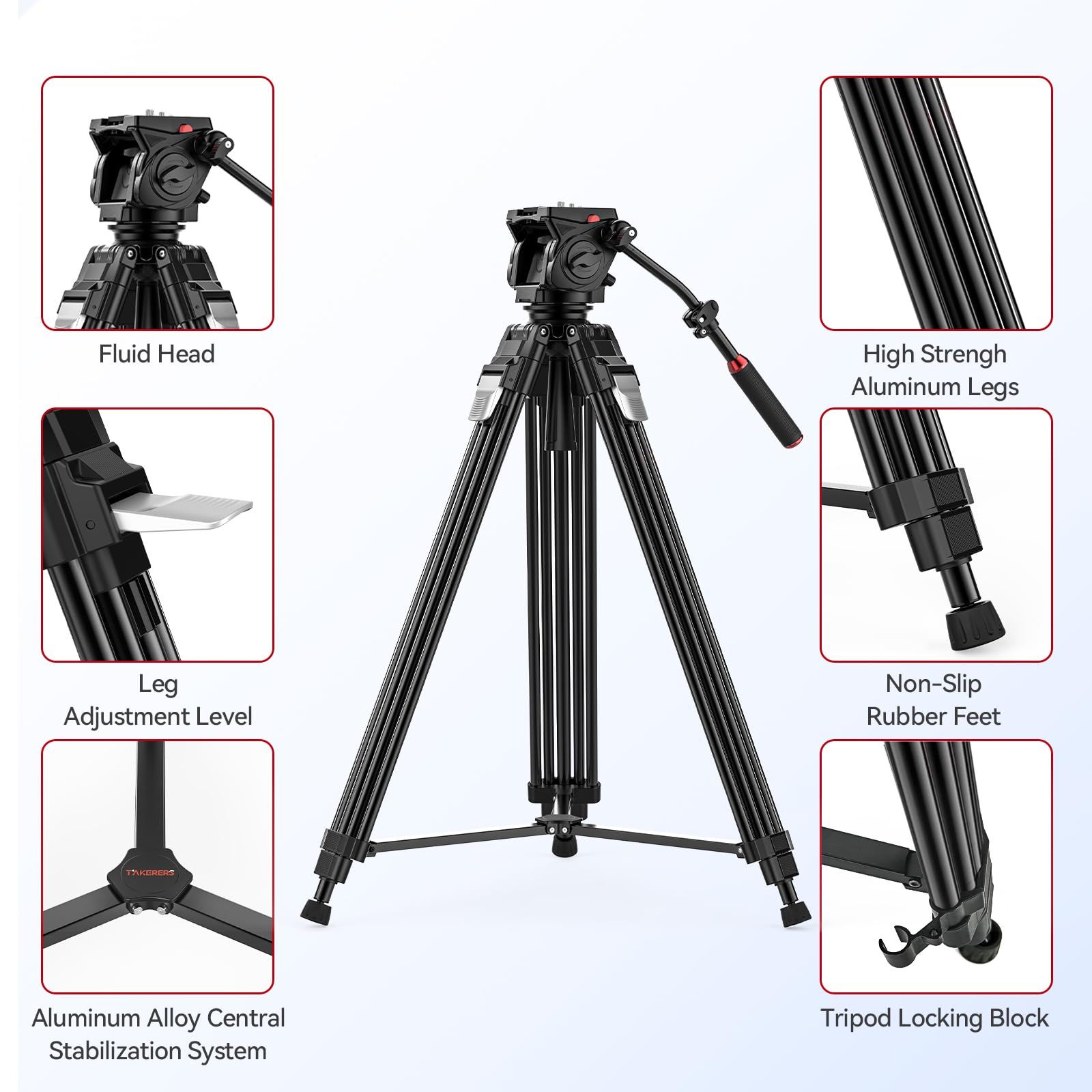 Takerers 74.8In/190Cm Video Tripod With Fluid Head 360°【One-Step Max Height】Aluminum Alloy Heavy Duty Tripod For Camera Dslr, Professional Video Camera With Damping Adjustable,Qr Plate, Max Load 33Lbs