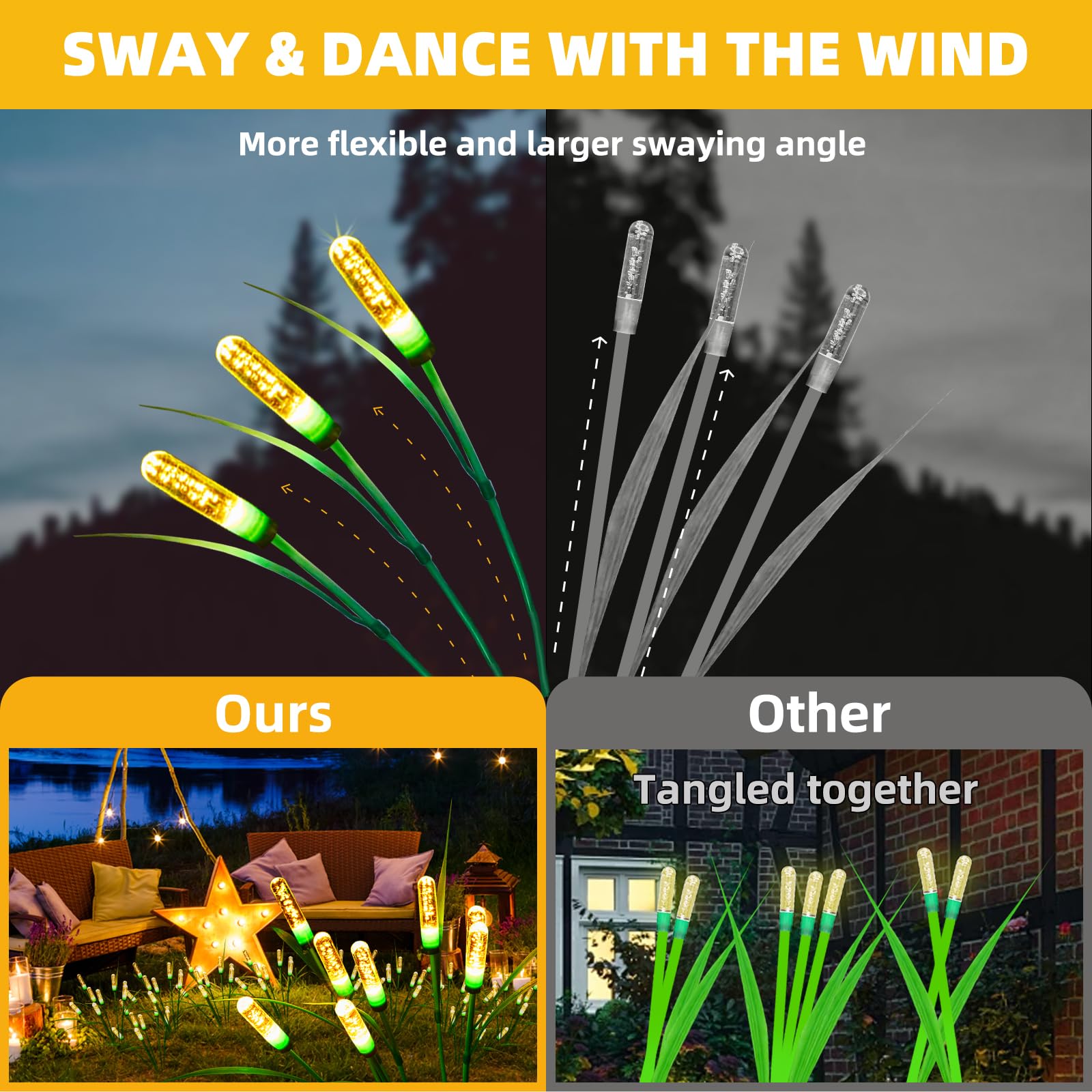 Cubetoou Swaying Solar Garden Lights - Outdoor Waterproof, Solar Firefly Lights, Warm White (2-Pack)