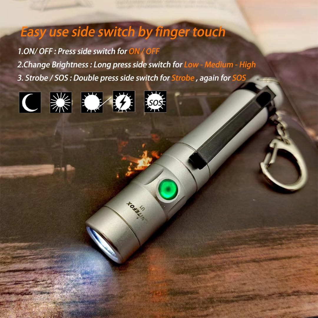 Nitefox Mini Rechargeable Keychain Flashlight Usb C Bright Key Light Portable Pocket Flashlight For Edc,Dog Walking, Hiking,Camping,Emergency(Silver)
