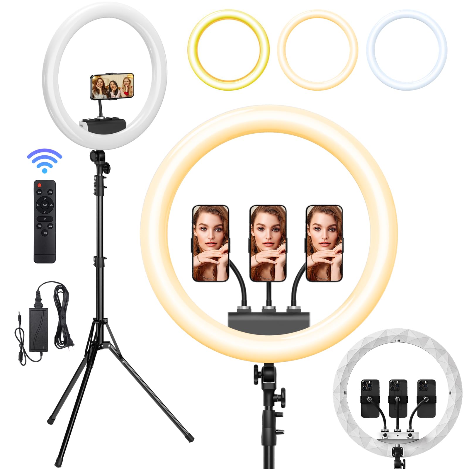 Sh Ring Light With Stand, 19In Led Selfie Circle Light, Max 8Ft/2.5M Tripod Stand, 3 Holders For Iphone, Remote Control, 6300K Color Temperature For Live Streaming, Barber, Makeup, Youtube, Tiktok