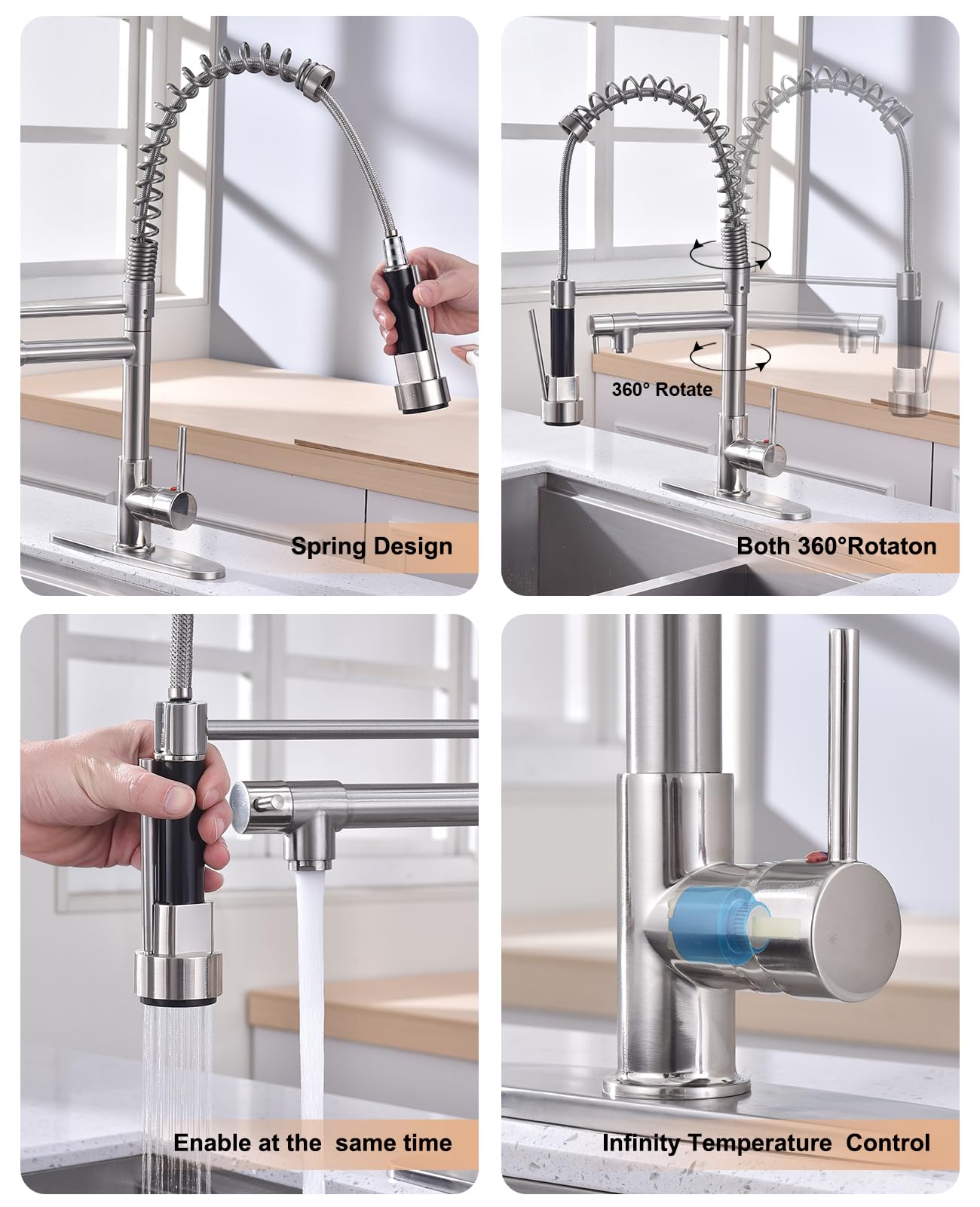 Jafeton Commercial Kitchen Faucet, High Pressure Industrial Kitchen Sink Faucet With Pull Down Sprayer, Double-Headed Stainless Steel Single Handle Kitchen Faucets 19.5" Height, 1 Or 3 Hole For All Kitchen