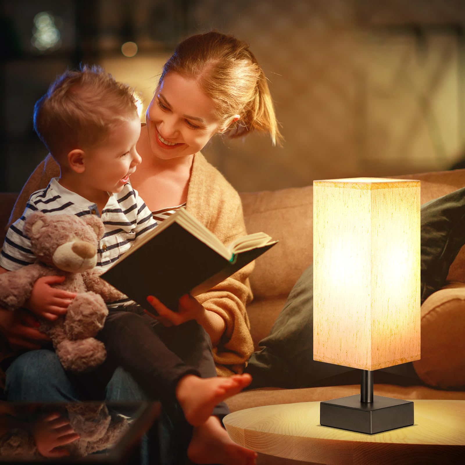 Aooshine Small Table Lamp For Bedroom - Bedside Lamps For Nightstand, Minimalist Night Stand Light Lamp With Square Fabric Shade, Desk Reading Lamp For Kids Room Living Room Office Dorm