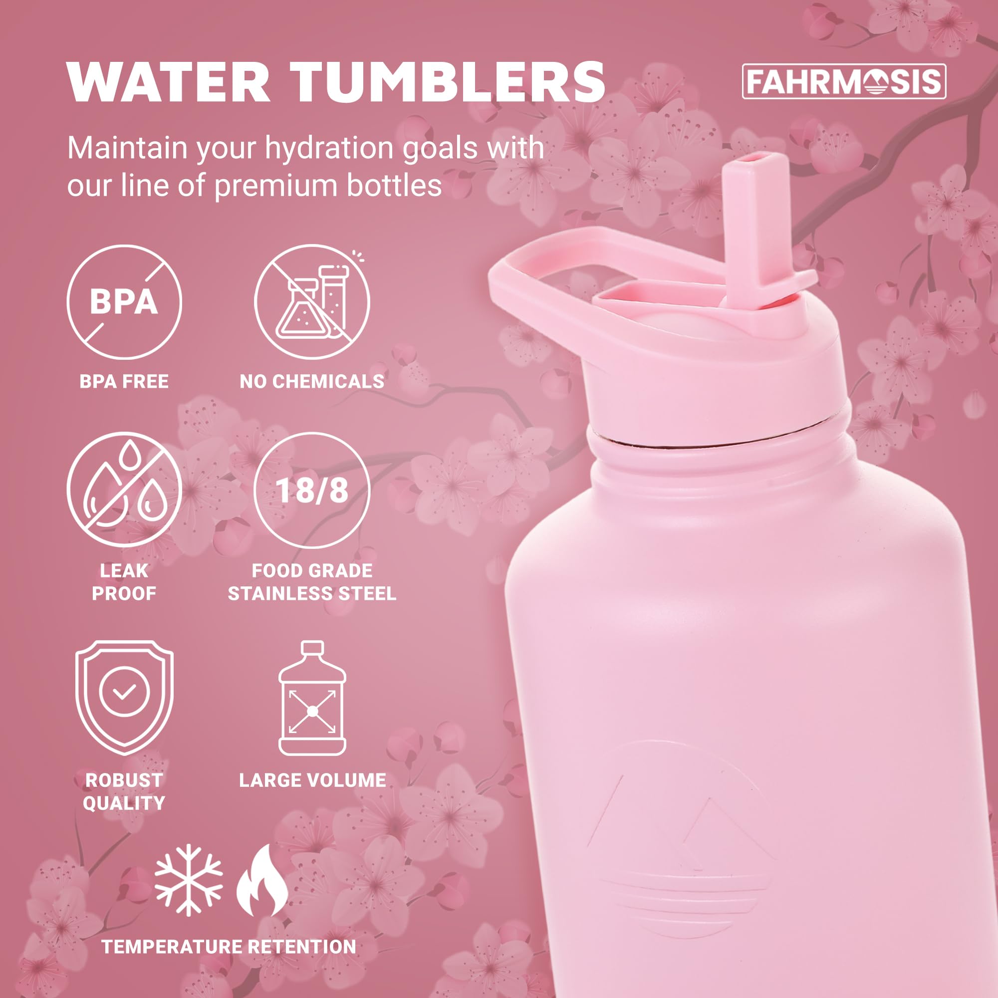 64 Oz Insulated Water Bottle With Strap Stainless Steel Sports Water Bottle With 3 Lids