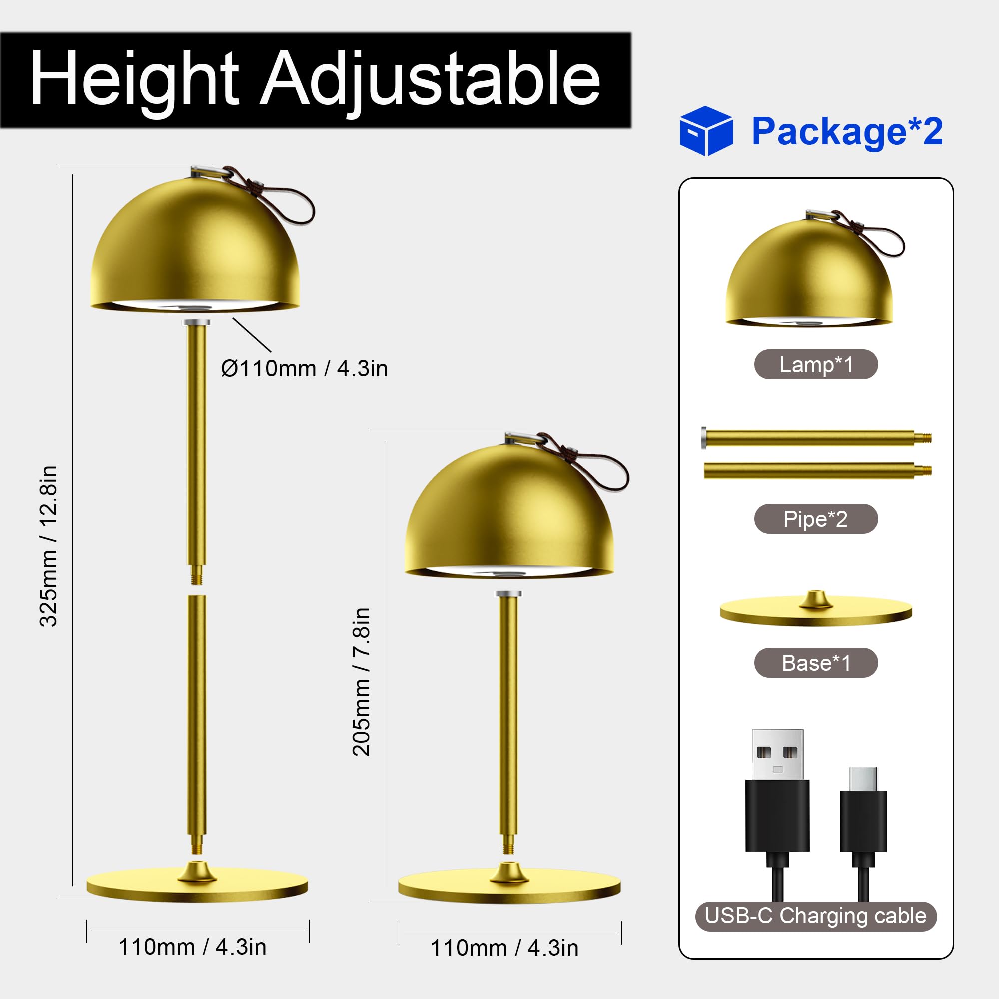 Sevenment Cordless Table Lamp,8-75 Hours Battery Powered Lights,2-Pack Gold Rechargeable Lamp,Waterproof,Magnetic,Stepless Dimming,Adjustable Height, For Outdoor,Camping,Living Room,Dinner,Night Light