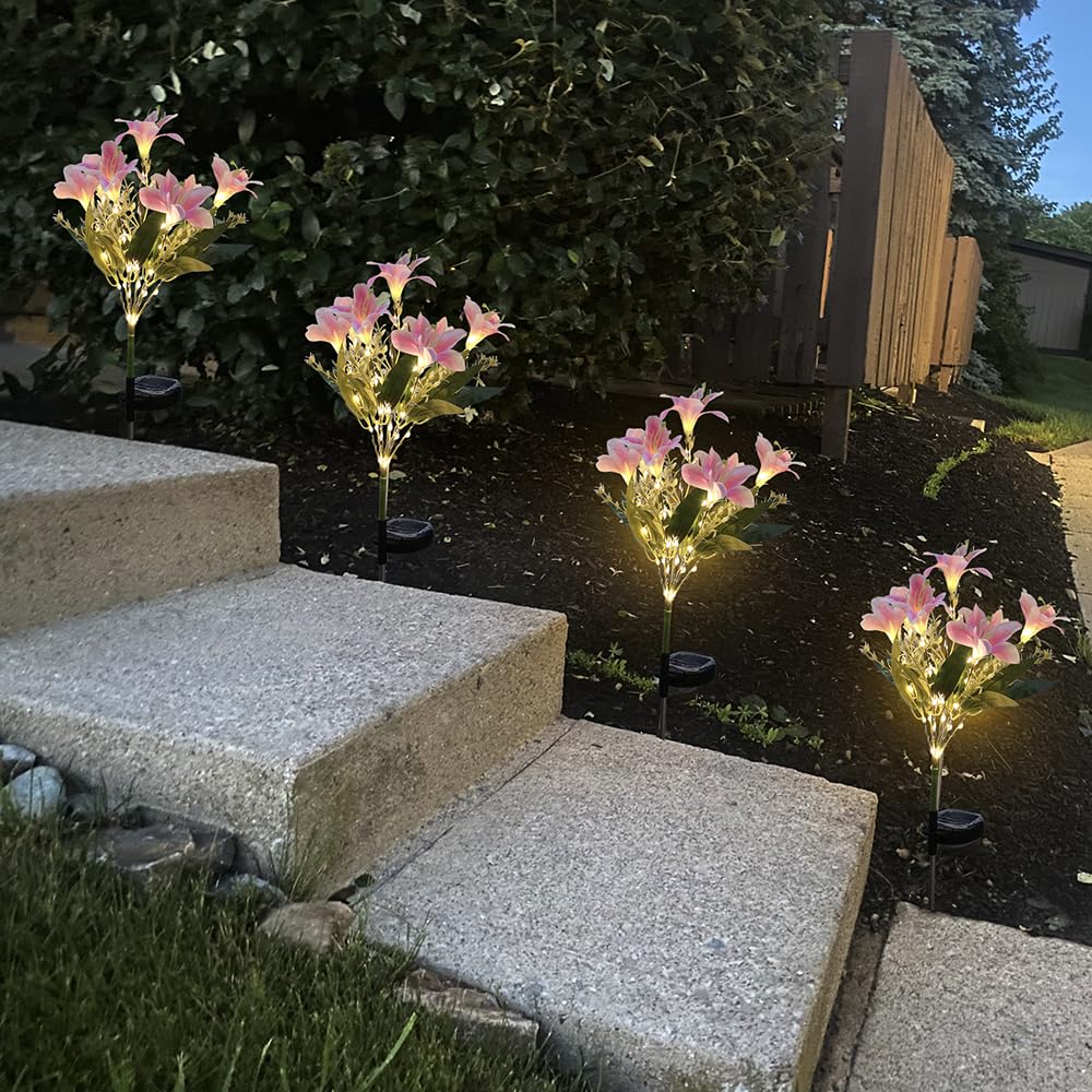 Guocheng Lily Flower Solar Lights Outdoor Garden, 2 Pack Led Solar Flower Lights With Lifelike Lily, Waterproof Solar Stake Lily Lights For Courtyard Pathway Flowerbed Lawn Decor(Pink)