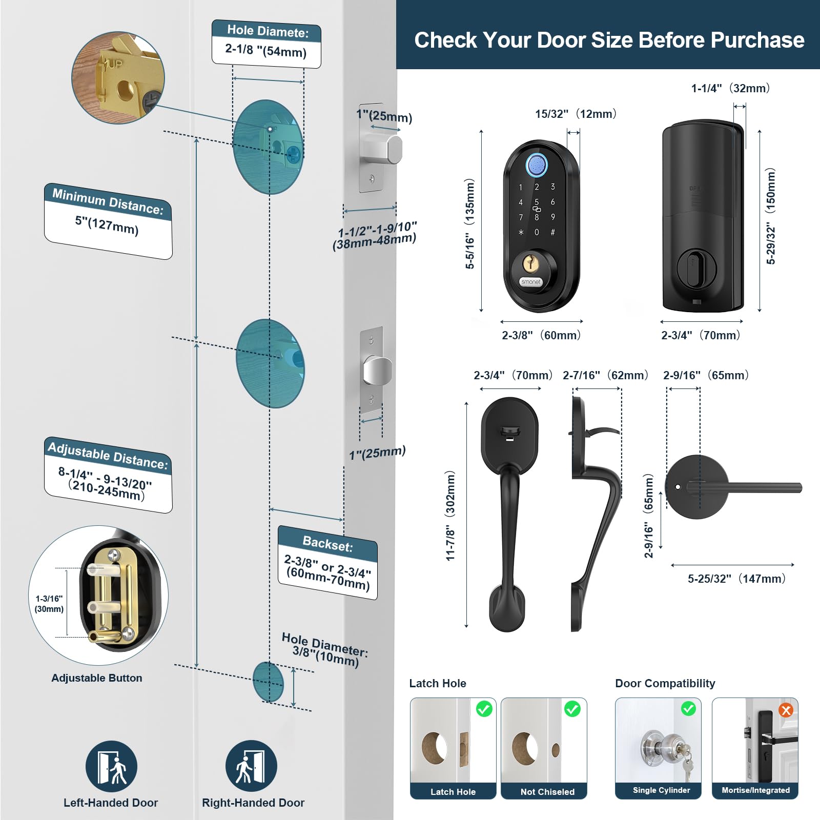 Smonet Keyless Entry Door Lock Handle: Smart Front Door Lock Set, Alexa Deadbolt Locks Front Door Handle, Bluetooth Digital Keypad Lock Black