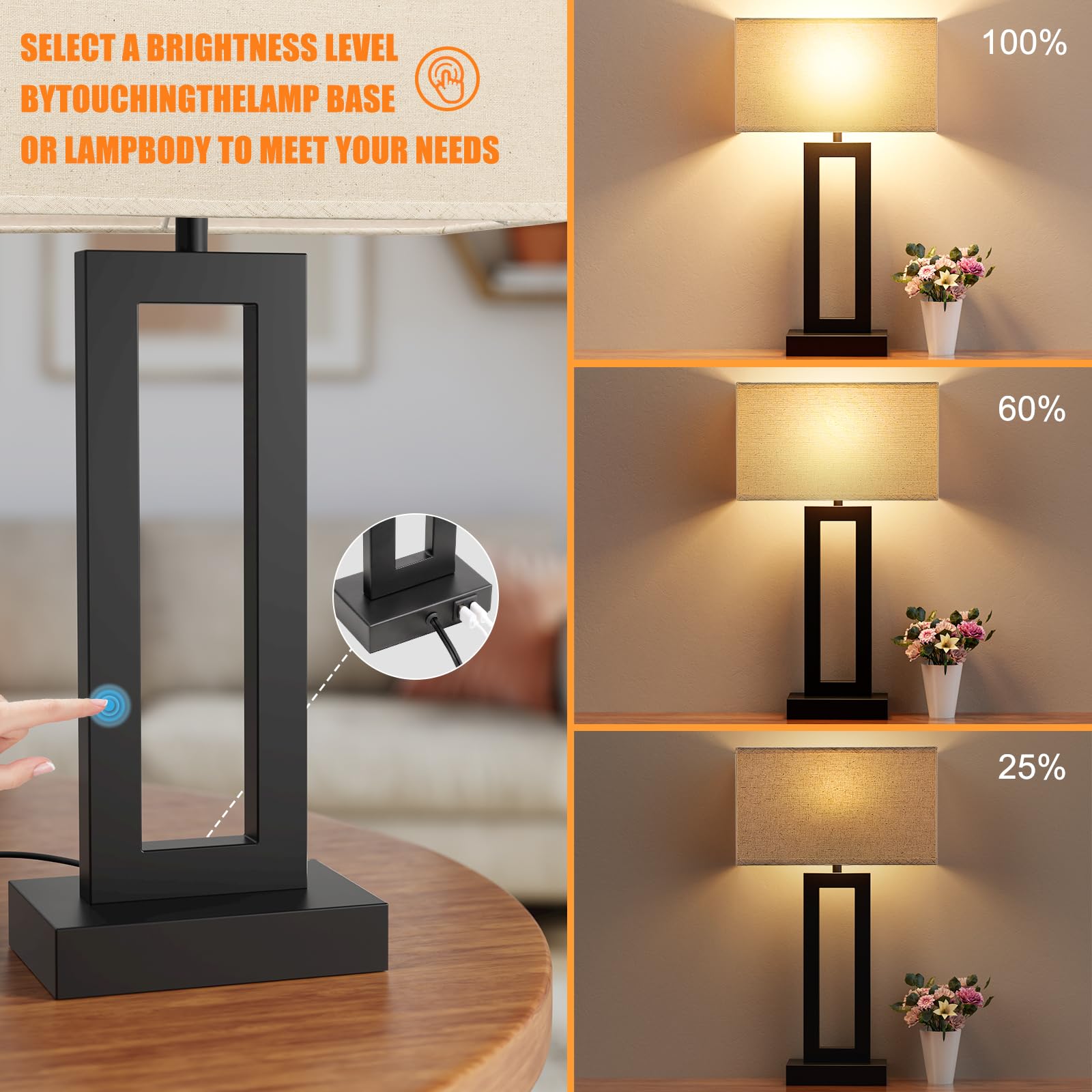 Seealle Modern 22" Tall Bedside Lamps For Night Stands - Touch 3 Way Dimmable Bedroom Lamps (Set Of 2) With Usb C+A (Beige & Black)