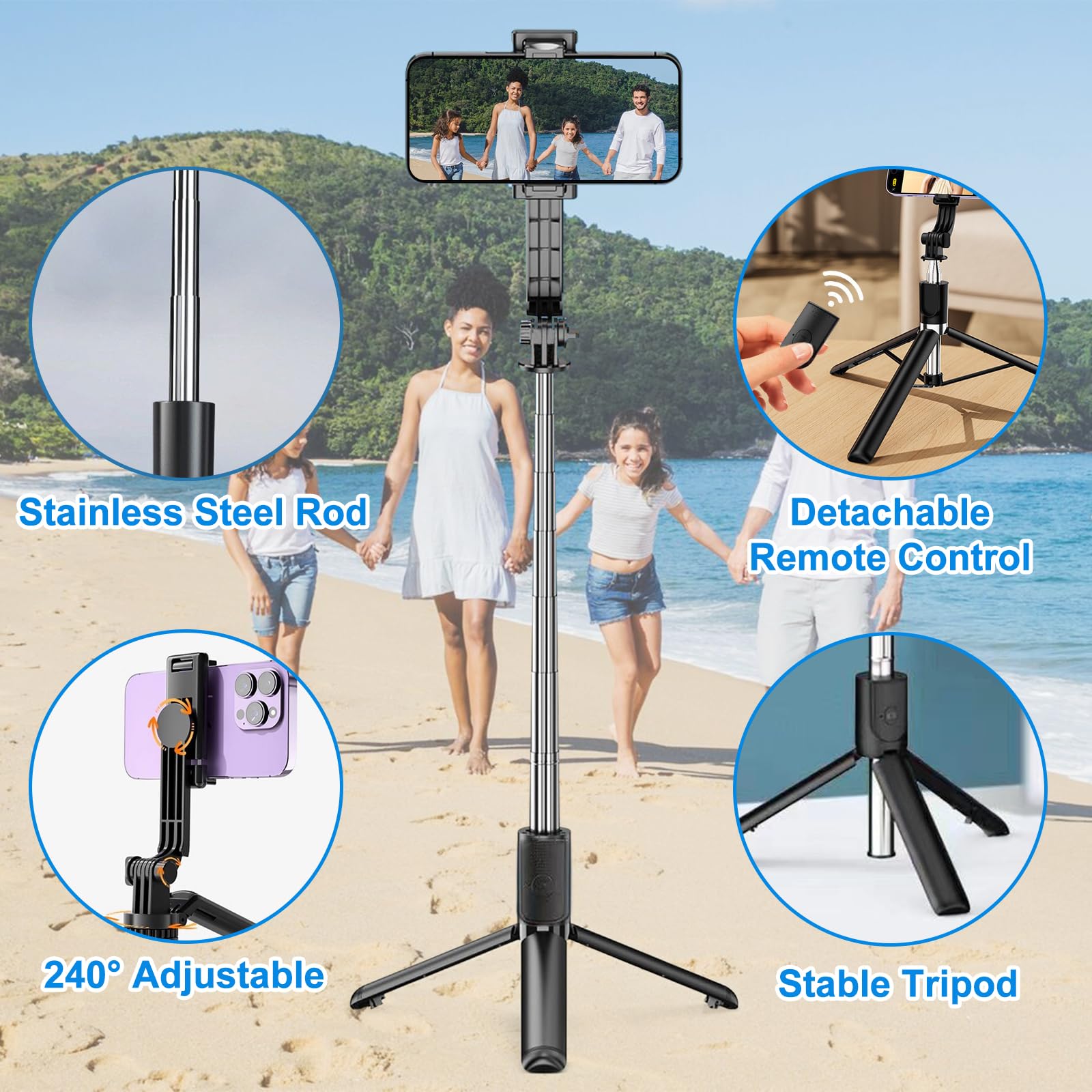 Gogara Selfie Stick & Cell Phone Tripods, Extendable Selfie Stick Tripod With Wireless Remote, Portable, Lightweight, 360° Rotatable Tripod Stand For Video Recording Vlog Compatible With Iphone Samsung