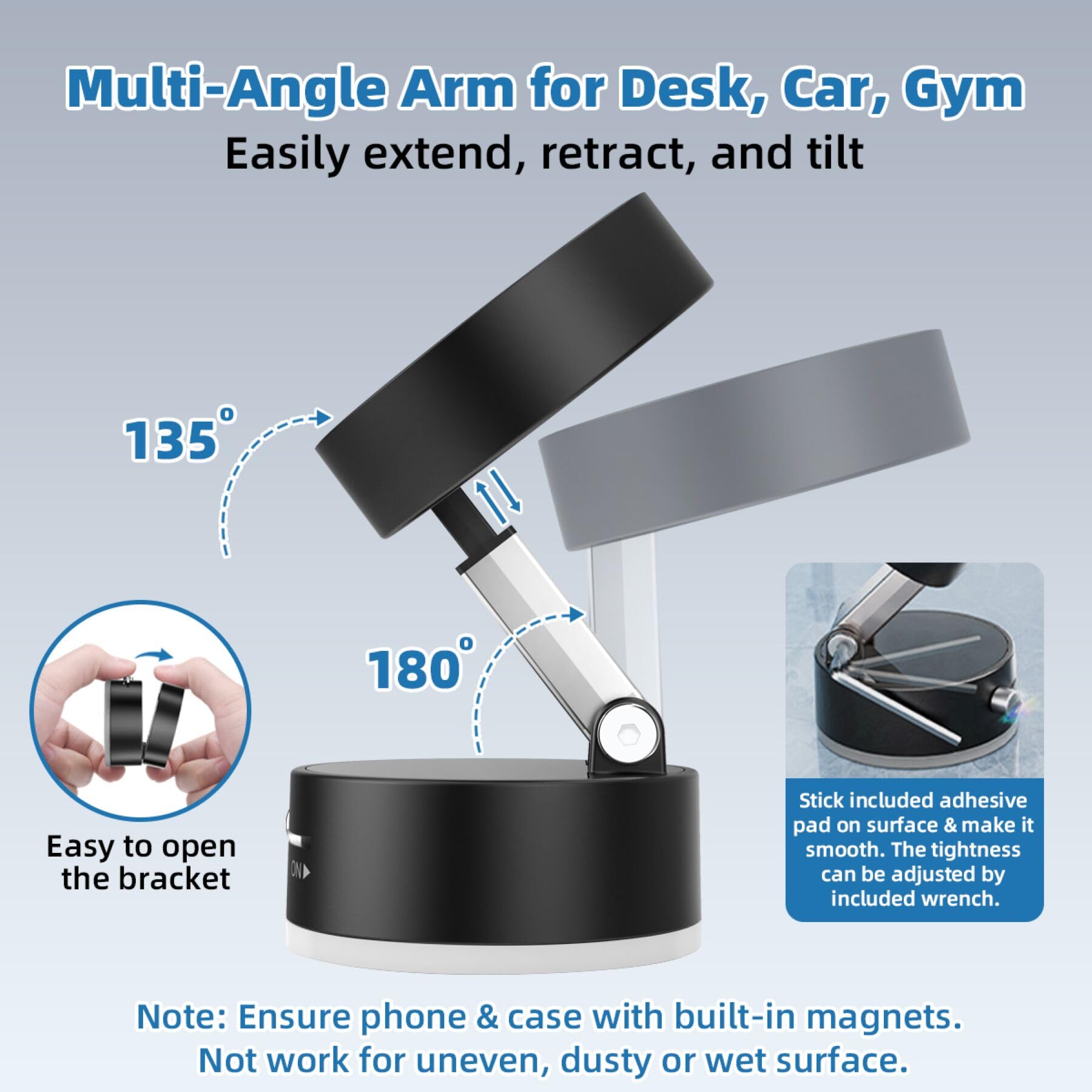 Gimswi Vacuum Magnetic Phone Holder With Metal Ring Compatible With Iphone Samsung All Phone, Portable Universal Collapsible Magnetic Phone Stand For Gym Car Mount With Windshield Suction Cup