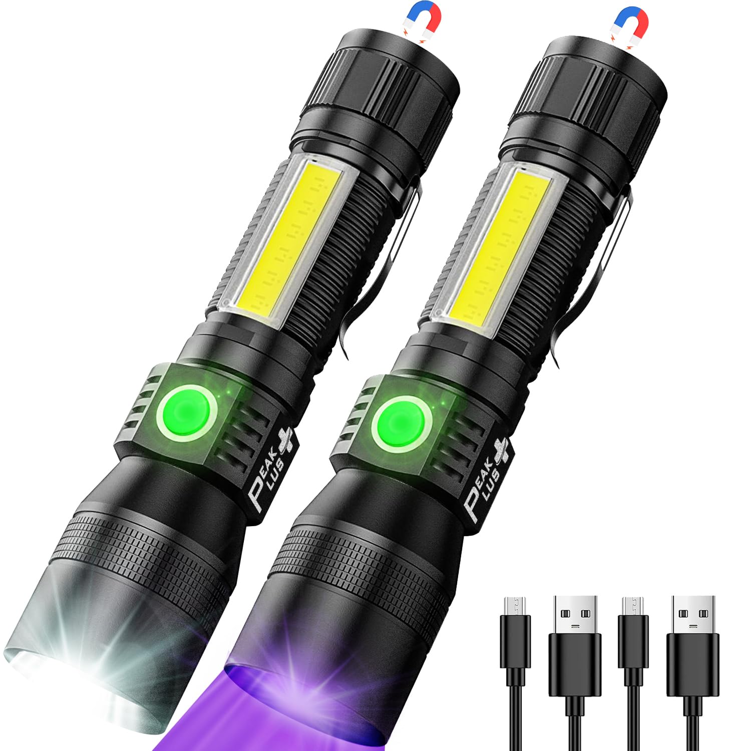 Peakplus Rechargeable Flashlights Ufx1000 [2 Pack] 3-In-1 Uv Blacklight Flashlight, Cob - 7 Light Modes Waterproof Magnetic High Lumens Clip-On - Uv Light For Pet Urine Detection, Camping, Emergencies
