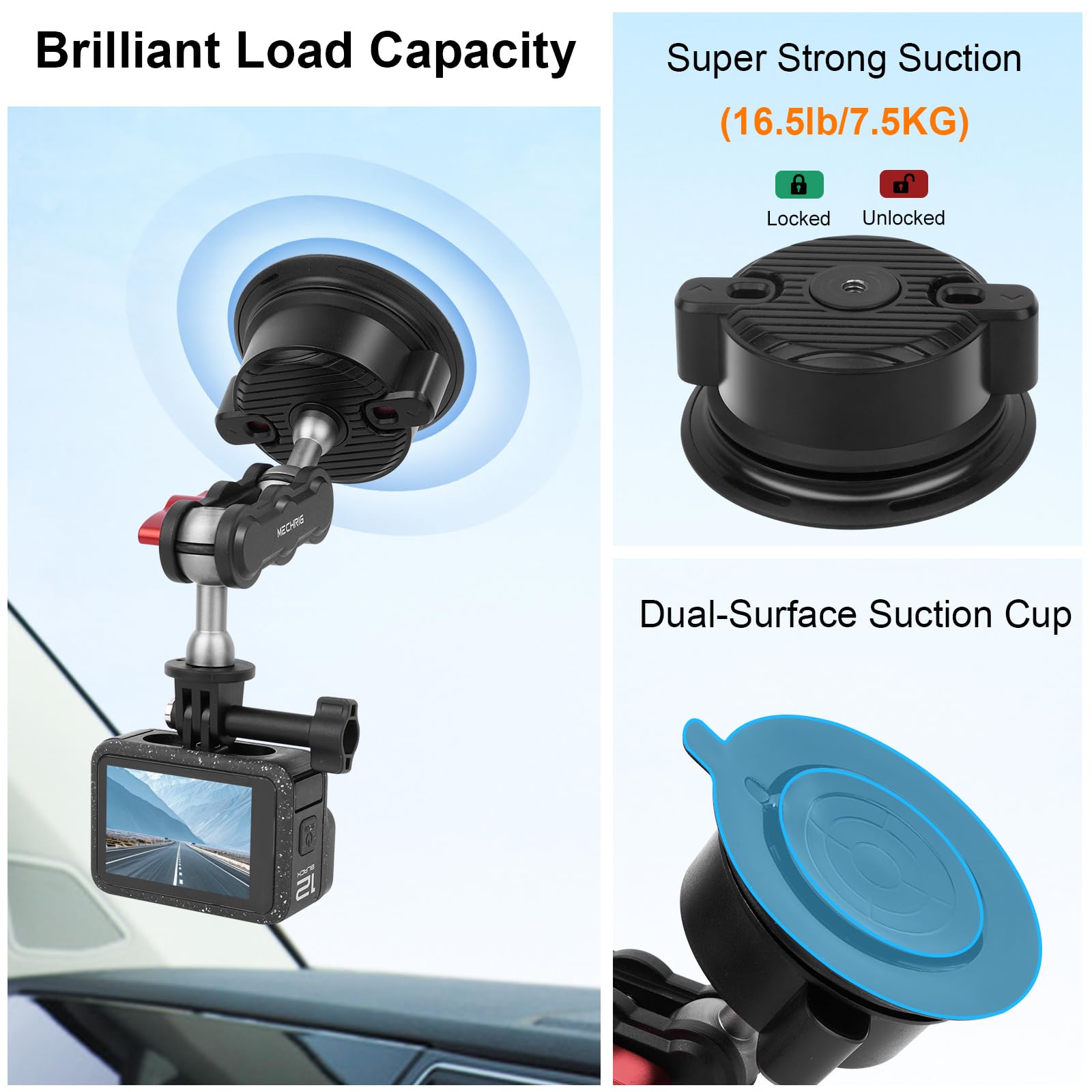 Mechrig Versatile Camera Suction Cup Mount Kits With Mini Tripod& Phone Holder&Tripod Mount Adapter-360°Rotating &1/4" Screw/Dual Cold Shoe Compatible With 13/12/X4/X3 Action Camera/Cellphone,Jc020