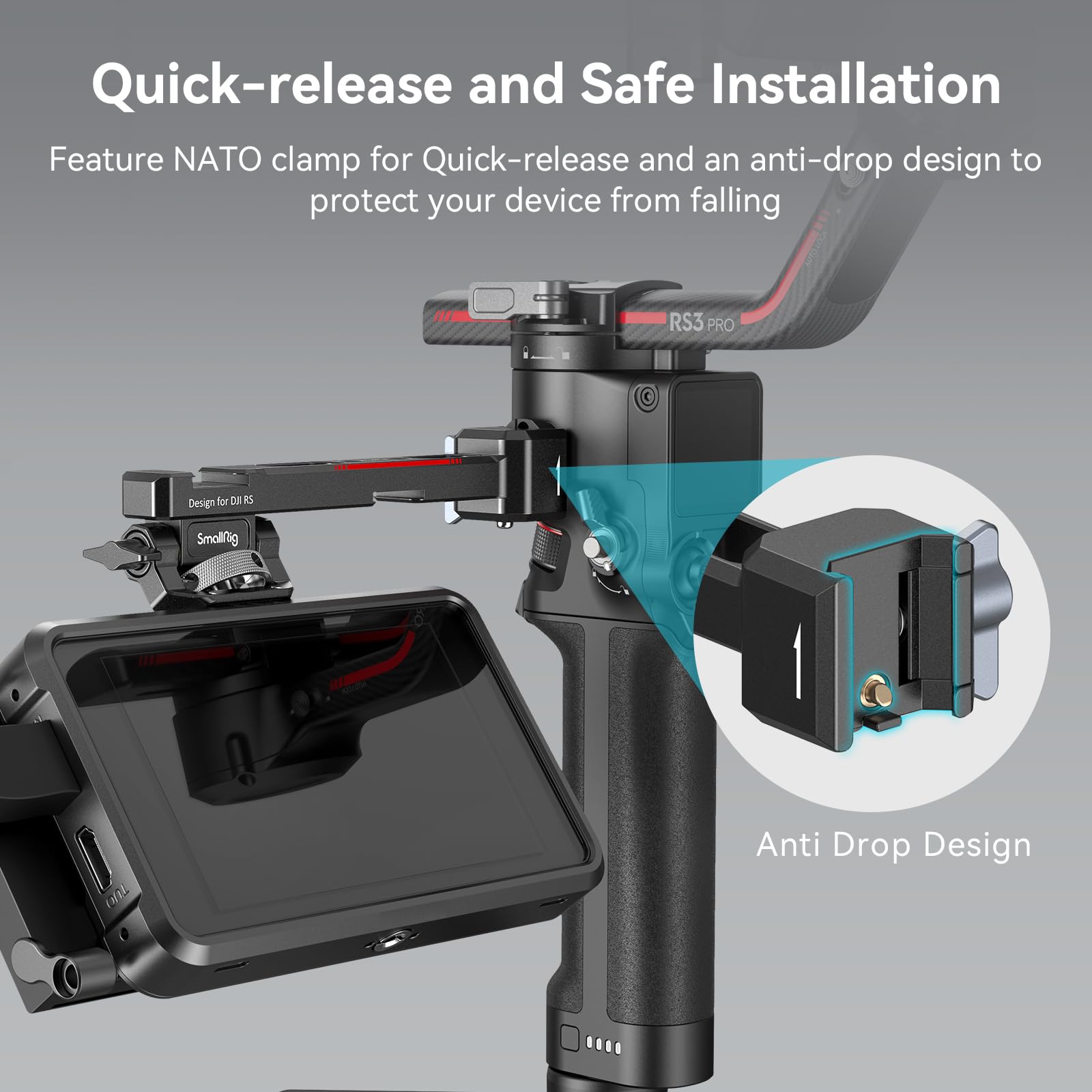 Smallrig Adjustable Camera Monitor Mount With Quick Release Nato Clamp, Cold Shoe Mount, Anti-Twist Design For Dji Rs 4 Mini/Rs 4 / Rs 4 Pro/Rs 2 / Rsc 2 / Rs 3 / Rs 3 Pro/Rs 3 Mini