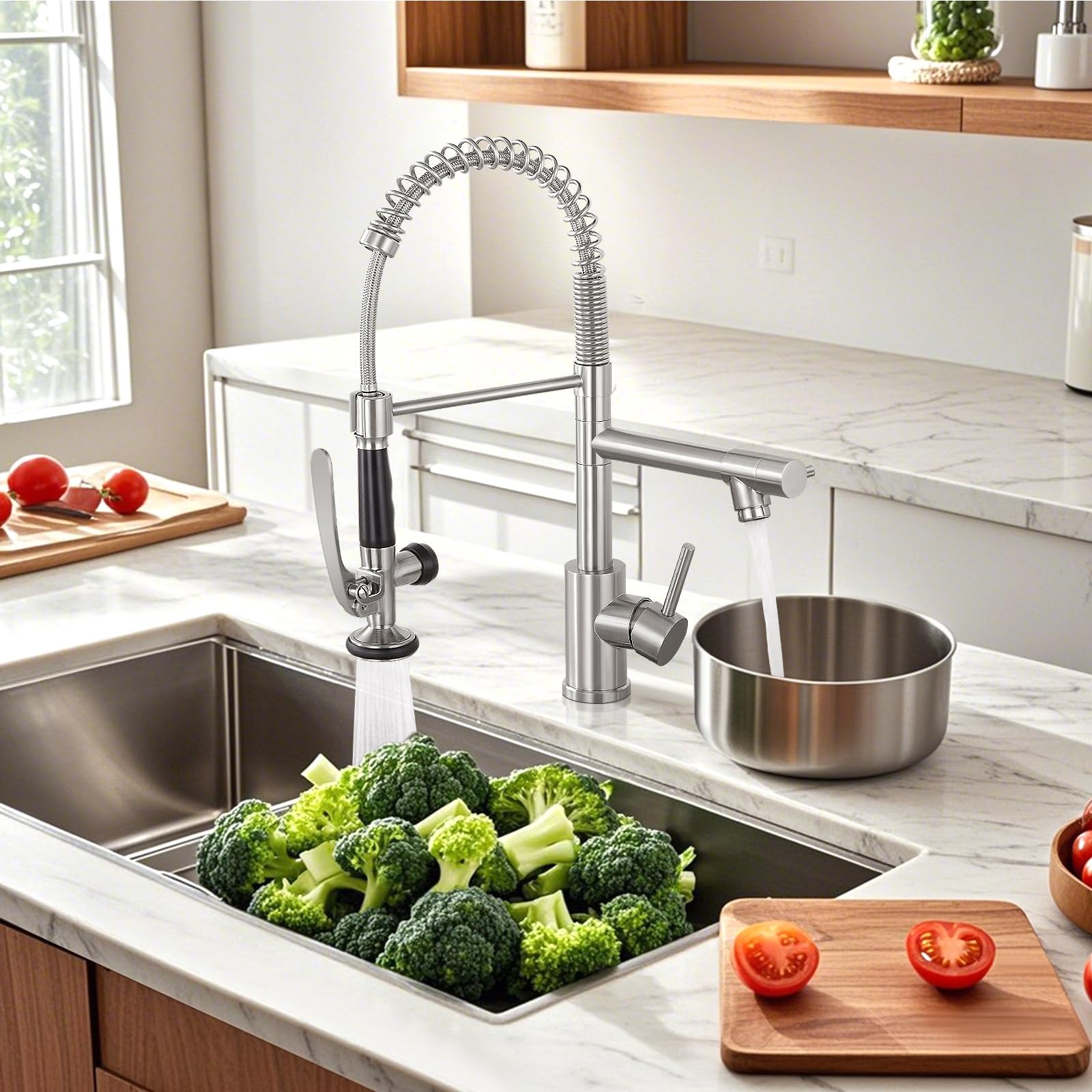 Mttcle Commercial Kitchen Faucet With Pull Down Sprayer, Stainless Steel Kitchen Sink Faucet, Single Handle Spring Kitchen Faucets (Brush Nickle)